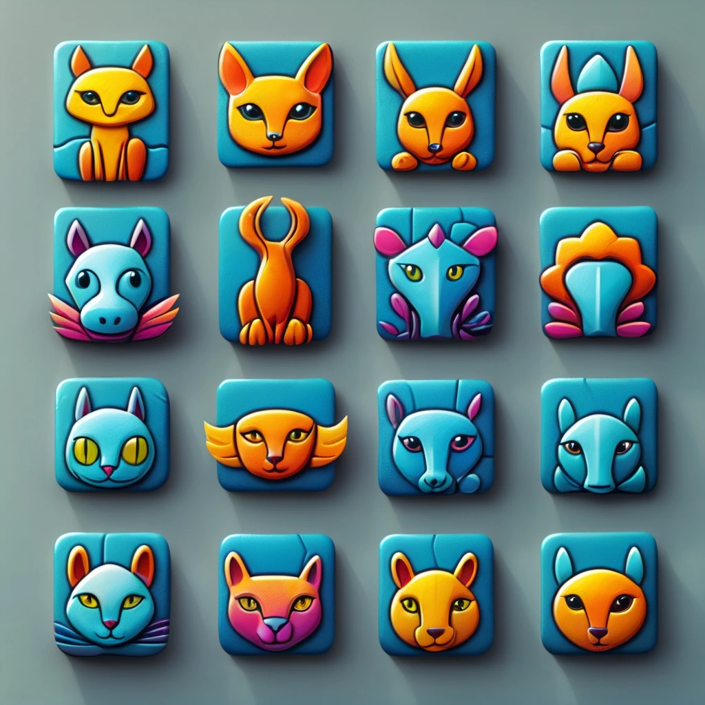 <lora:artfullyTILES_SDXL_V1:0.7>,icon collection arranged in a grid of a set of different colored creatures in different shape designs