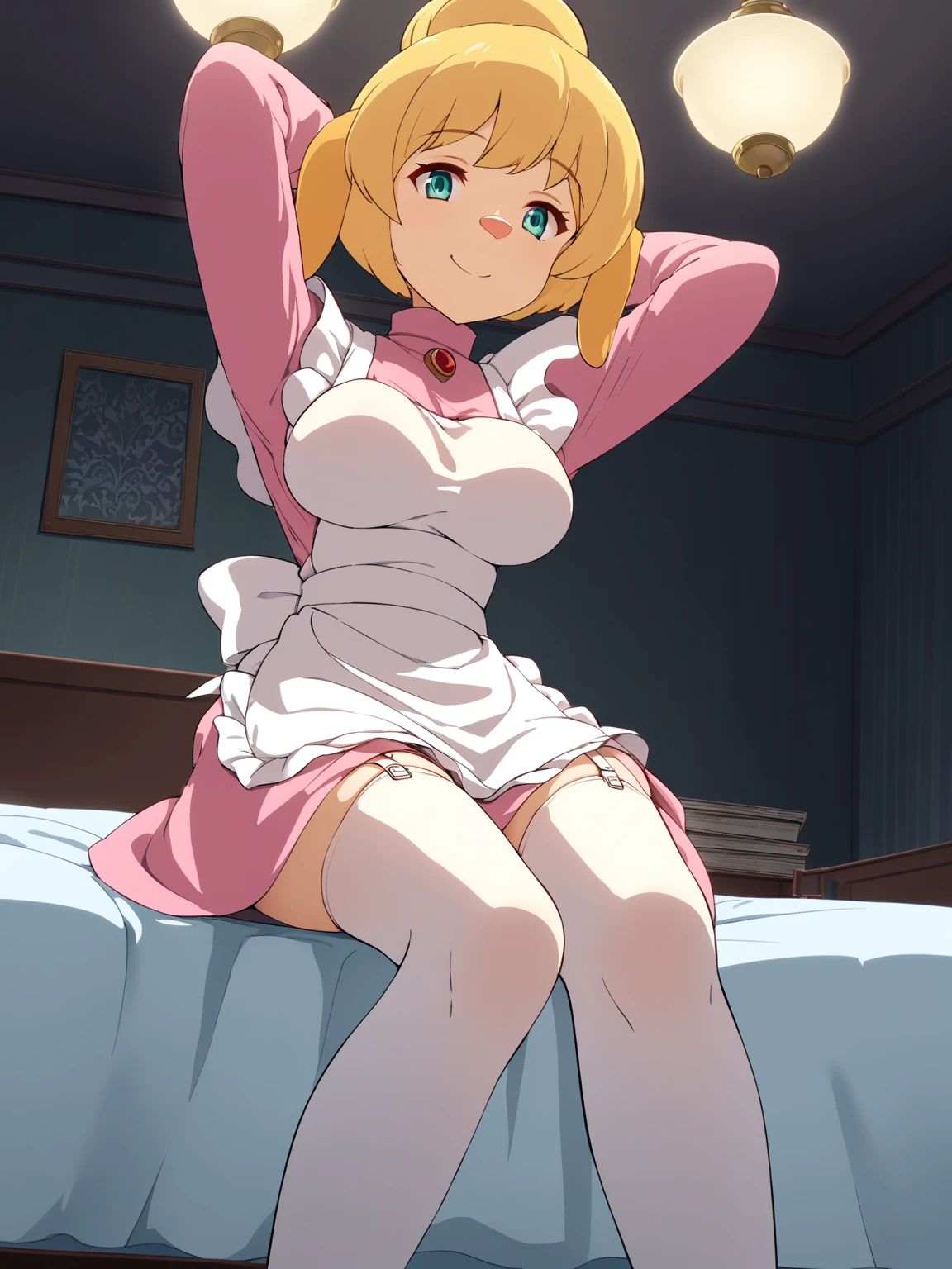 score_9, score_8_up, score_7_up,best quality, 4k, uncensored, prefect lighting, rating_explicit, very aesthetic,
1girl,solo,zzhudaa,(furry female, animal nose:1.2) ,1girl, solo, blonde hair, short hair, hair bun, blue eyes
,pink maid ,apron, long skirt, turtleneck , white thighhighs , garter straps
, large breasts, looking at viewer, upper body, small shy smile , arms above head
indoor , sitting on bed in hotel room , Rest back and relax
black background,Chandelier,magazine cover, cinematic angle and cinematic pose, newest , official art ,from below
<lora:SHHudson_Animaginev1:1>