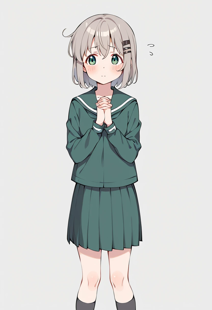 score_9, score_8_up, score_7_up, best quality, masterpiece, source_anime BREAK
yukimura aoi, 1girl, solo, green eyes, hair ornament, hairclip, white background, simple background, school uniform, pleated skirt, long sleeves, serafuku, flying sweatdrops, own hands together, blush, grey hair, green skirt, eyebrows visible through hair, black legwear, hair between eyes, short hair, closed mouth, standing, green sailor collar, socks, feet out of frame, green serafuku, kneehighs, green shirt, own hands clasped, grey legwear, grey skirt, looking away, hands up, grey sailor collar, looking at viewer, looking to the side, grey shirt, interlocked fingers, medium hair, knees together feet apart, tareme <lora:yukimura_aoi_sdxl_locon_pony_v1:0.7>