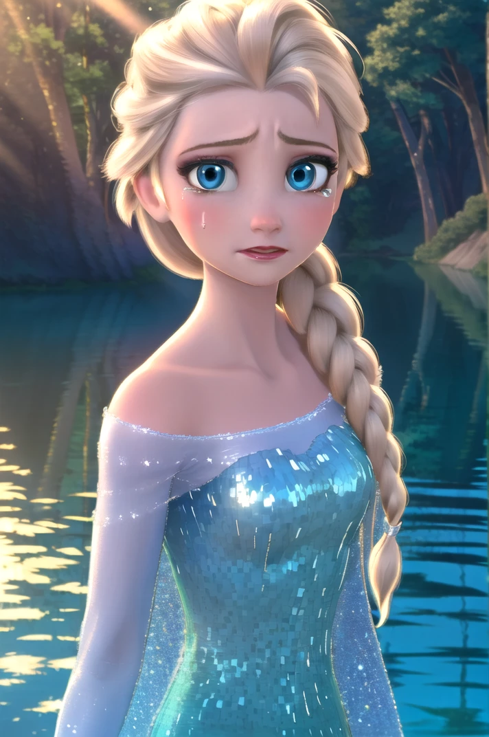 (masterpiece, high quality, detailed background:1.3), 1girl, solo,
<lora:Elsa-v1-07:0.7>, ChopioElsa, long hair, white hair, blue eyes, single braid, hair over shoulder, (freckles:0.7), makeup, lipstick, (looking at viewer:1.3),
outfit_1, bare shoulders, blue dress, long dress, see-through, glitter dress,
outdoors, nature, forest, trees,
crying with eyes open, tears, lake, partially submerged, reflective water, light rays, bokeh, sparkle,
 <lora:Concept_BacklightingGoldLine:0.8> , backlighting