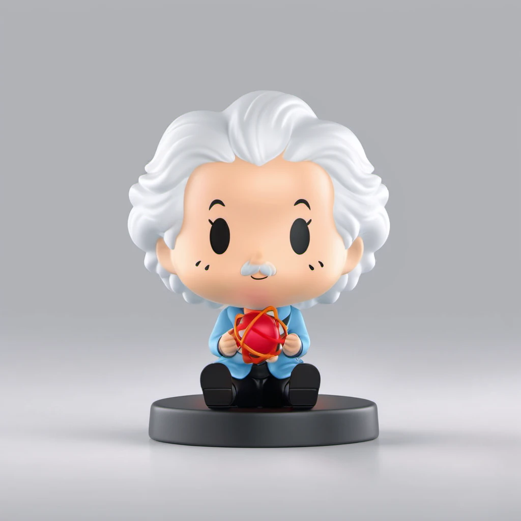 blind box style of Einstein sitting on the base,holding a atom,simple background, chibi, solo,(big head:1.2),small body,octane render, highly detailed, volumetric, dramatic lighting,pop,<lora:pop:0.9>
