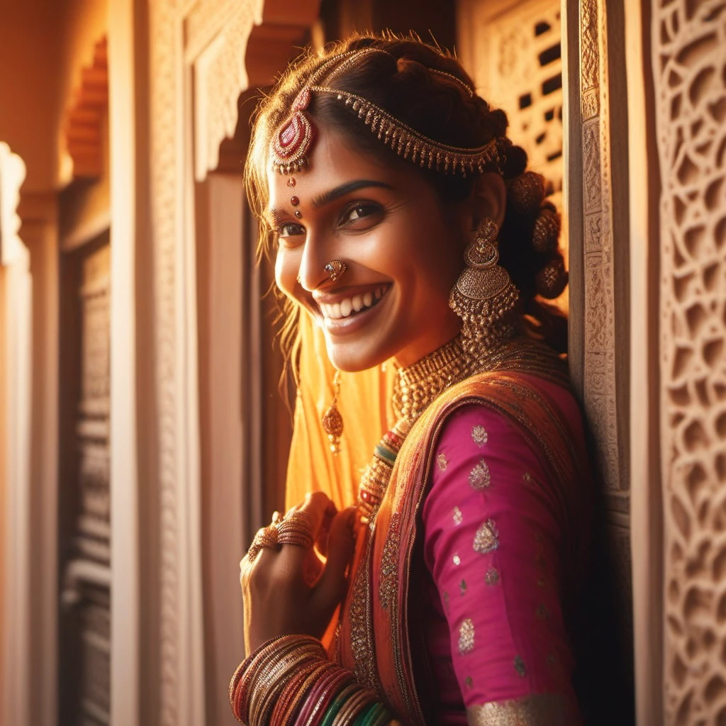 A Rajasthani woman with intricate braids and adorned with traditional jewelry smiles mischievously over her shoulder, bathed in warm sunlight streaming through a haveli window