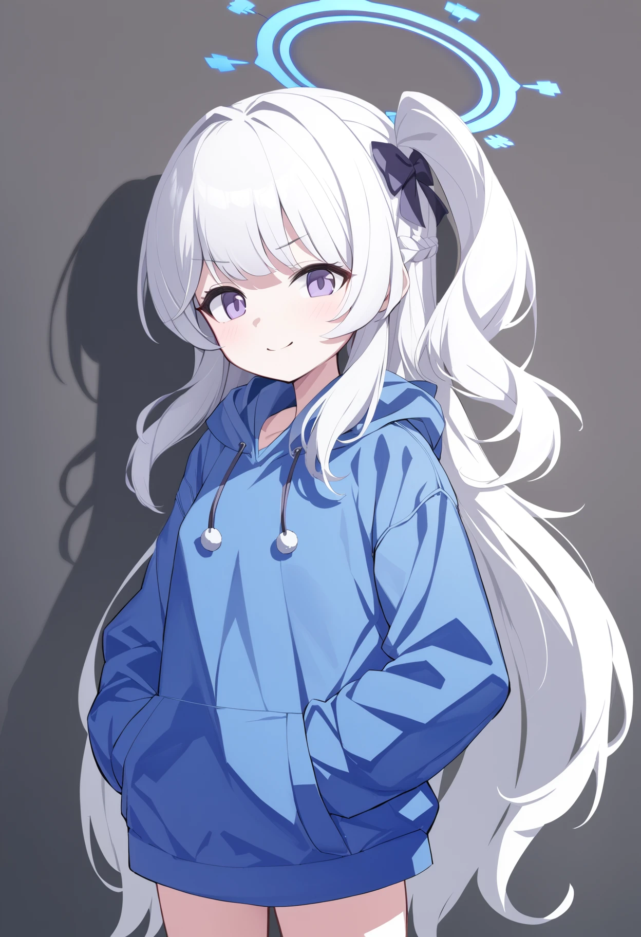 1girl,miyako_(young)_(blue_archive),halo,white hair,very long hair,purple eyes,one side up,blue hoodie,solo,standing,hands in pockets,frown,kind smile,cowboy shot,
simple background,
best quality,highres,extremely beautiful detailed face,best shadow,
<lora:sdxl-flat:-1><lora:XL_jc_miyako_v1:1>