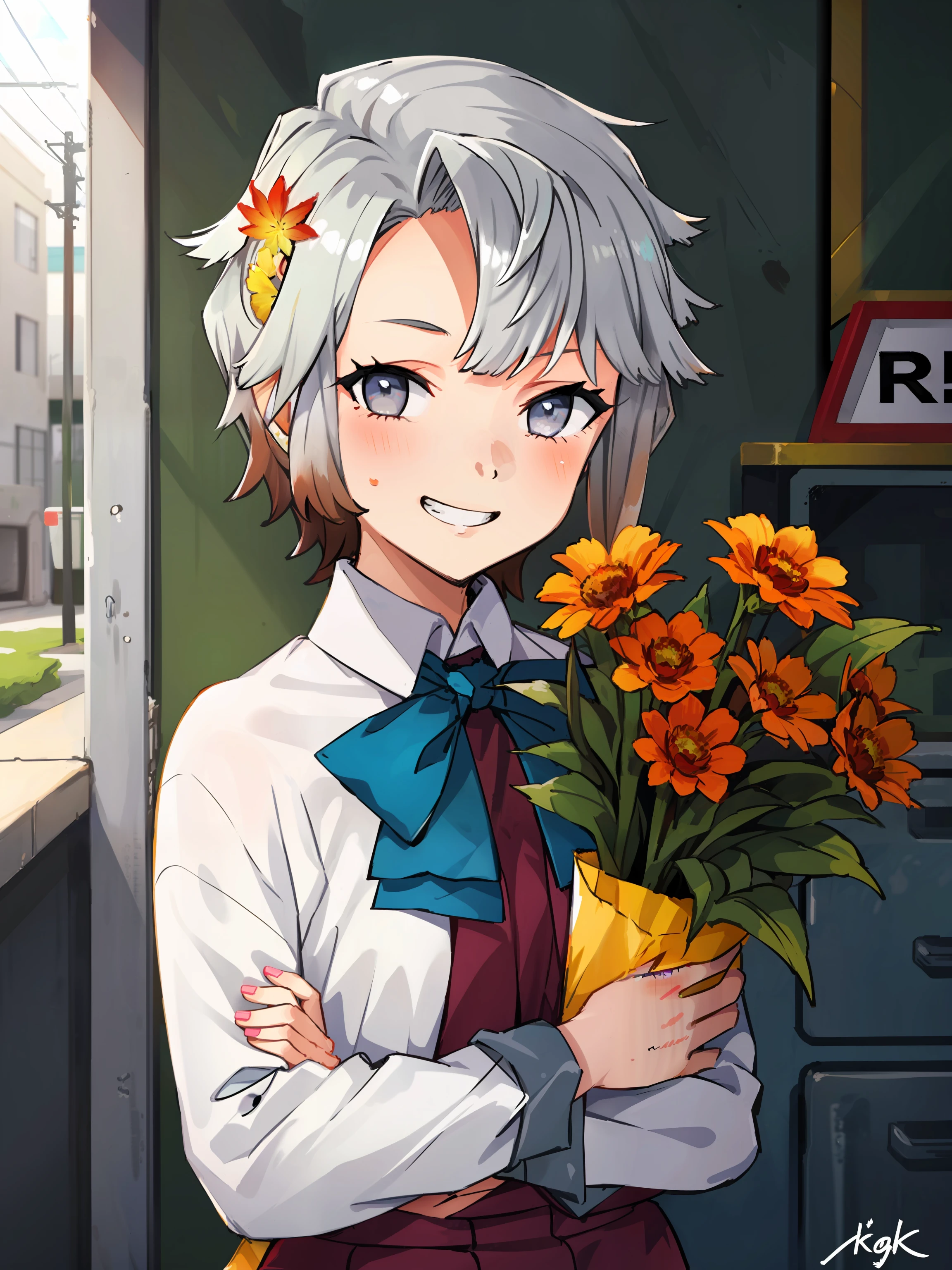 akishimo \(kancolle\), 1girl, flower, solo, shirt, bouquet, multicolored hair, white shirt, v, long sleeves, hair flower, bowtie, bow, aqua bowtie, upper body, dated, aqua bow, smile, asymmetrical hair, dress, school uniform, short hair with long locks, white hair, purple dress, petals, grin, looking at viewer, holding bouquet, signature, blue bowtie, asymmetrical bangs, blush, holding, blue bow, original, intricate detail, illustration, masterpiece, extremely detailed CG unity 8k wallpaper, highlight, sharpening, dynamic, <lora:Akishimo:0.8>,