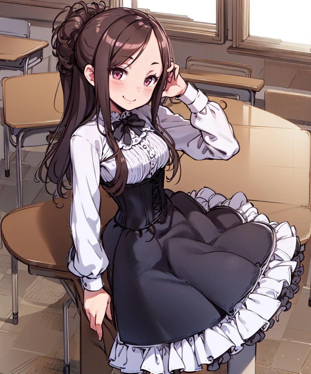 (masterpiece, best quality:1.2), 1girl, solo, long hair, brown hair, hair up, pink eyes, smile, white shirt, long sleeves. frills, black skirt, white petticoat. black corset, finger on face, cowboy shot, indoors, full body, victorian, classroom <lora:Dorothy SD:1>
