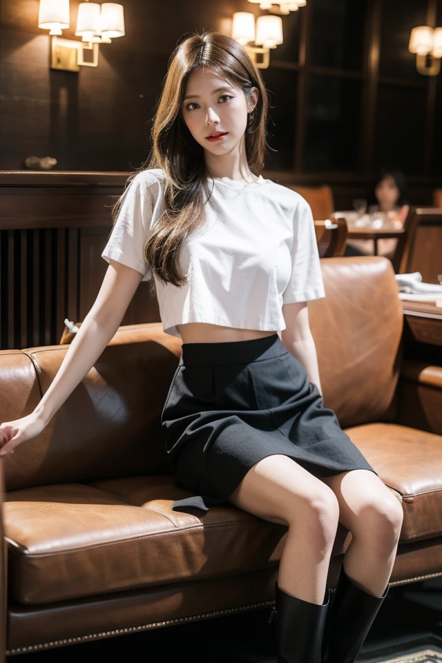 1girl,solo,skirt,boots,midriff,crop top,shirt,knee boots,short sleeves,
best quality,masterpiece,illustration,an extremely delicate and beautiful,CG,unity,8k wallpaper,Amazing,finely detail,masterpiece,official art,extremely detailed CG unity 8k wallpaper,incredibly absurdres,huge filesize,ultra-detailed,highres,extremely detailed,beautiful detailed girl,realistic,<lora:JUNIEL_20240219093824:0.8>,