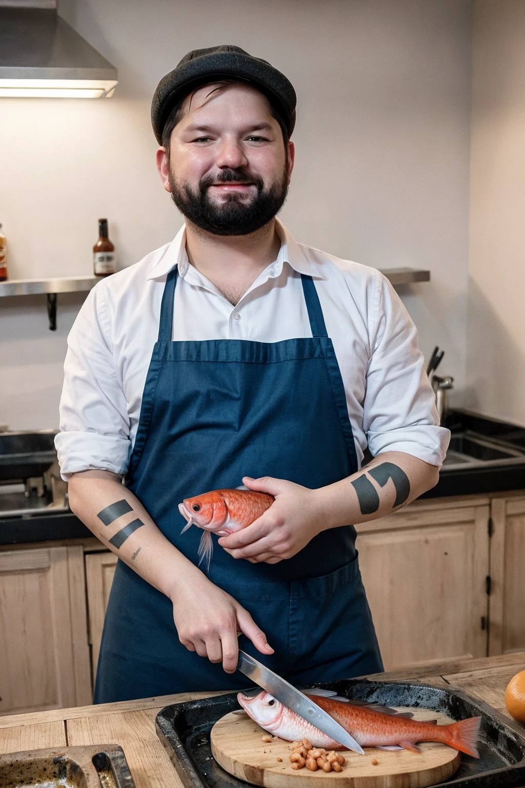 a young man gabriel boric selling fish at a market wearing a collared shirt an apron and a (white hat) while cutting fish with a knife,(bar tattoo), (fish on counter),muscular, facial hair, beard, mustache,smile,fish,(holding knife),day,(shot on Fujifilm Superia 400, 32k, professional color grading,natural light, film grain, atmosphere,realistic) <lora:boric_v1:1>