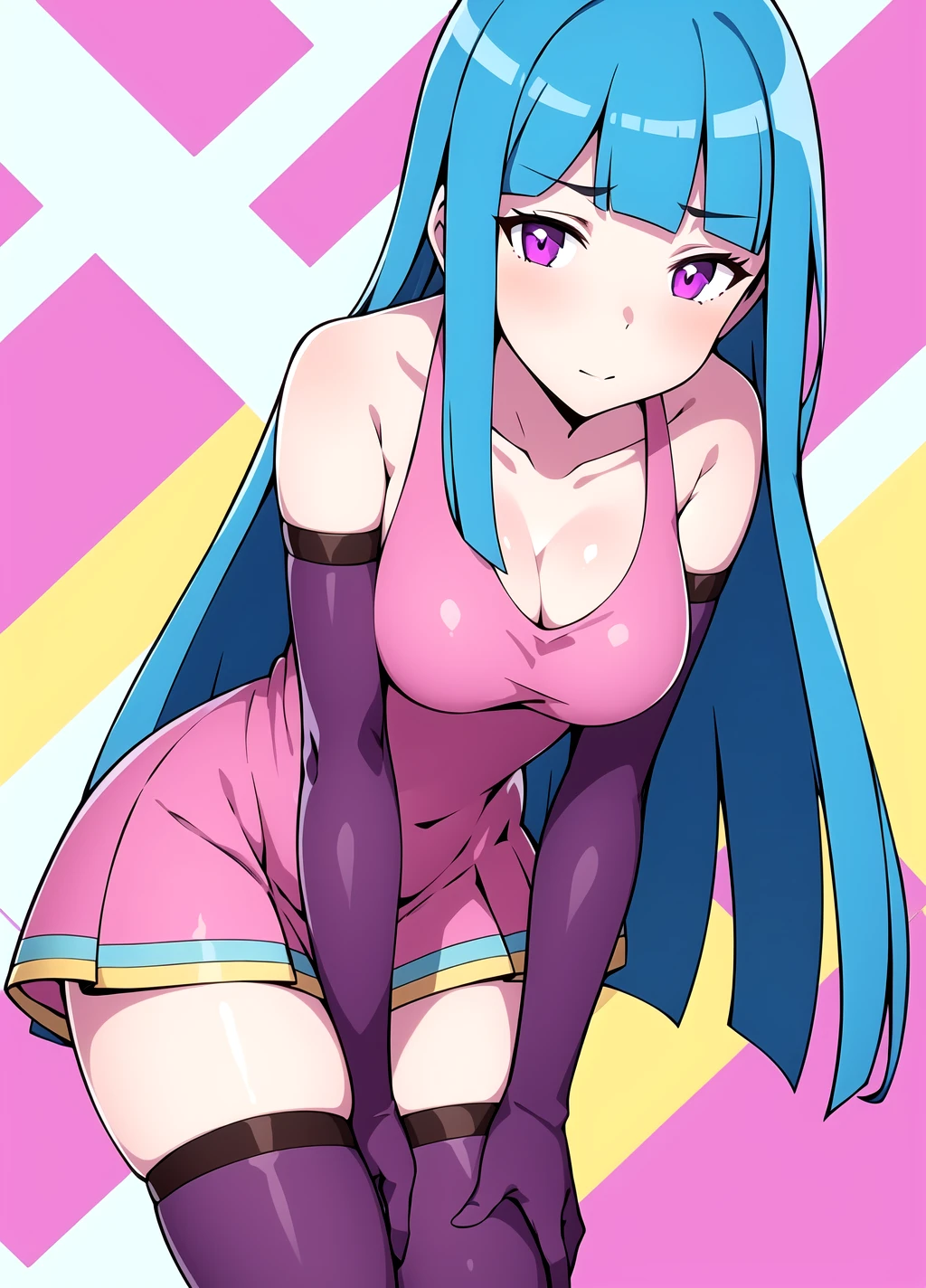 masterpiece, best quality, <lora:ME!ME!ME! anylora10r16r16-000006:0.7>, MEMEME, 1girl, solo, breasts, gloves, long hair, elbow gloves, cleavage, dress, thighhighs, blue hair, very long hair, pink dress, large breasts, collarbone, bare shoulders, short dress, purple gloves, pink thighhighs, pink gloves, leaning forward, hands on own thighs, striped background, medium breasts