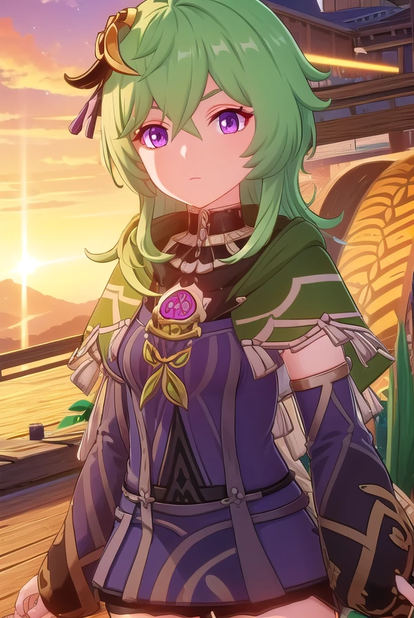 collei, <lora:genshin collei ingame-lora-nochekaiser:1>,
collei, bangs, hair ornament, hair between eyes, (purple eyes:1.1), green hair,
BREAK thighhighs, long sleeves, jewelry, zettai ryouiki, capelet, vision \(genshin impact\),
BREAK outdoors,
BREAK looking at viewer, (cowboy shot:1.5),
BREAK <lyco:GoodHands-beta2:1>, (masterpiece:1.2), best quality, high resolution, unity 8k wallpaper, (illustration:0.8), (beautiful detailed eyes:1.6), extremely detailed face, perfect lighting, extremely detailed CG, (perfect hands, perfect anatomy),