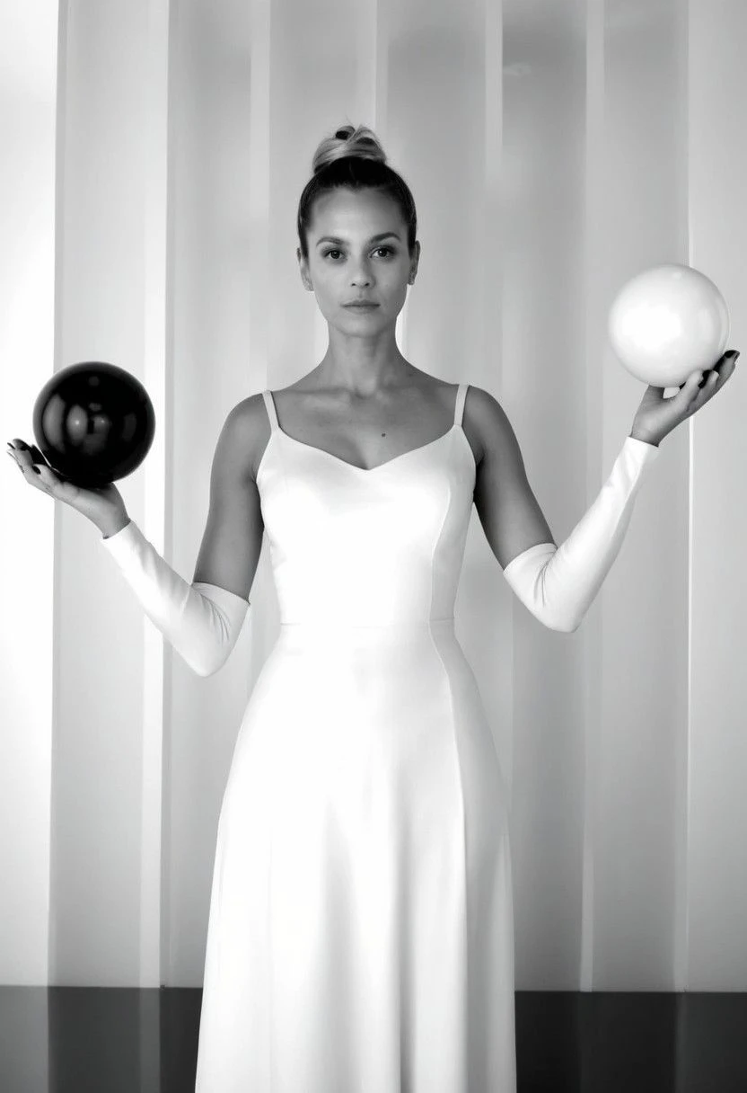 ziprealism, 1woman, woman holding spheres, black and white photo