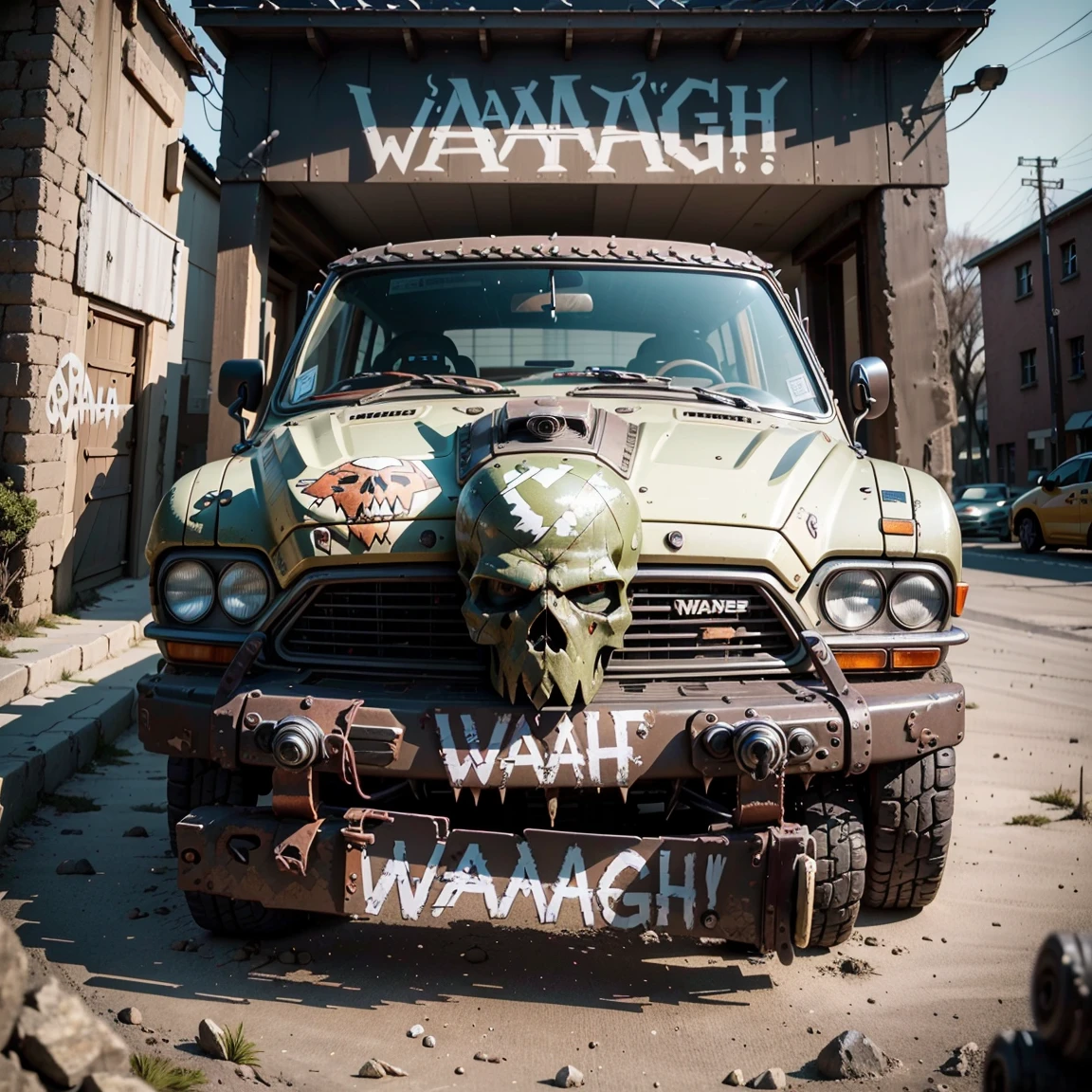 ((masterpiece,best quality)), <lora:Ork_World:0.8>, Ork World, (graffiti, waaagh, white text, english text:1.2), skulls, gun, no humans, robot, ground vehicle, mecha, motor vehicle, spikes, machinery, cannon, car, vehicle focus, tusks, wheel, machine, tire