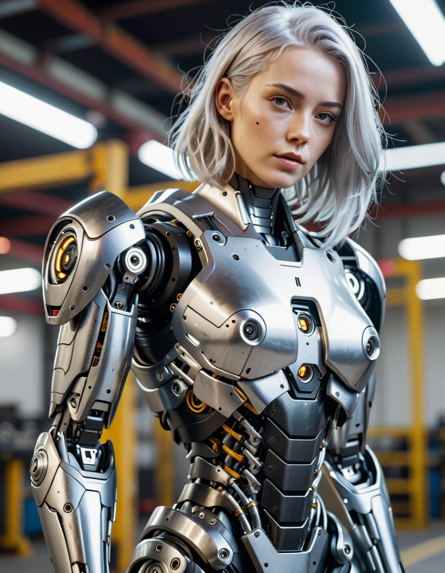 8K, realistic, sexy robot, components with armor mixed, silver hair