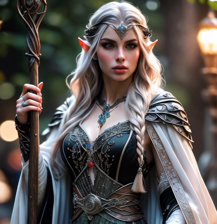 (masterpiece:1.2), (best quality,:1.2), 8k, HDR, ultra detailed, ((photorealistic)), perfect anatomy, professional light, cinematic lighting, fashion photography, ambient lighting,<lora:detail_slider_v4:2>, a beautiful female elven sorceress, long blonde hair, jewelry, ((cowboy shot)), wearing intricate (white and black) robes, belt, (holding a staff), casting a spell, headband, embroidered cloak, elar, <lora:ElvenArmor-10:1>, epiCPhoto