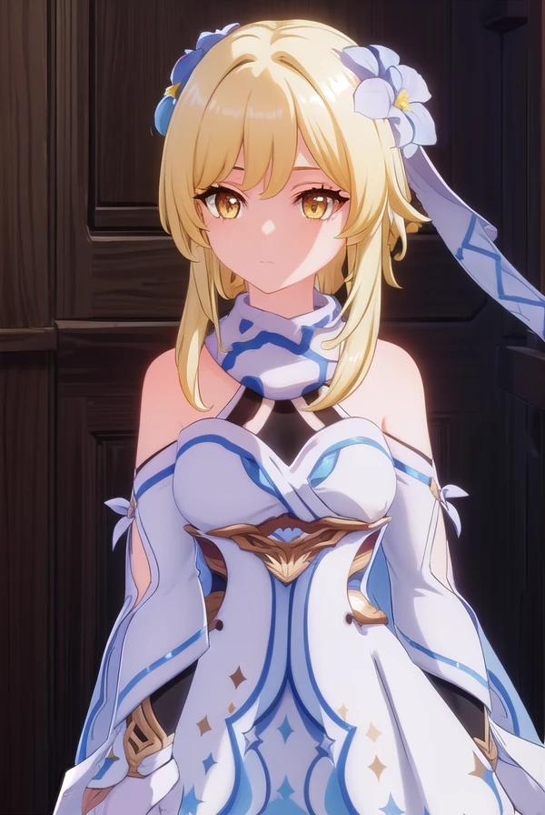 genshinlumine, <lora:genshin lumine ingame-lora-nochekaiser:1>,
lumine, bangs, blonde hair, hair ornament, hair between eyes, (yellow eyes:1.3), flower, hair flower, feather hair ornament,
BREAK dress, bare shoulders, detached sleeves, scarf, white dress, white footwear, cleavage, detached collar,
BREAK outdoors,
BREAK looking at viewer, (cowboy shot:1.5),
BREAK <lyco:GoodHands-beta2:1>, (masterpiece:1.2), best quality, high resolution, unity 8k wallpaper, (illustration:0.8), (beautiful detailed eyes:1.6), extremely detailed face, perfect lighting, extremely detailed CG, (perfect hands, perfect anatomy),