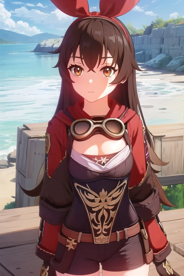 solo、Alone、1Alone。masterpiece, uhd, best quality, highres, 8k、(noline)、(flat2-dim1)、shoot from above、upper body shot。Girl with horse ears、beautiful girl、Beautiful breasts。Smile。necklace。Light blue dress、sweater、Shoulder less、Attached sleeves、Thick Yarn、Mesh pattern、knitting、Veil、Veil、Scarf cloak、Stall Mantle、Shawl cloak、muffler cloak。Hands on hips。breeze、cliff、Starry Sky