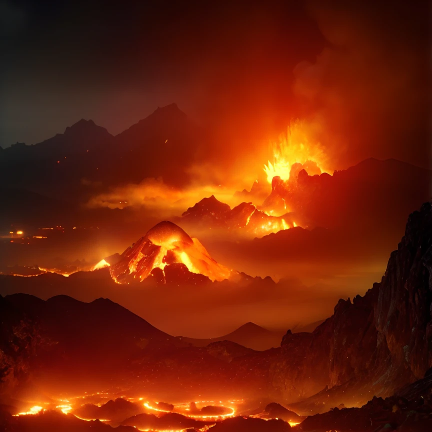(masterpiece:1.2), (best quality,:1.2), 8k, HDR, ultra detailed, ((photorealistic)), professional light, cinematic lighting, fashion photography, ambient lighting, atmospheric effects, a fiery volcano in the distance, <lora:RealmsOfFire-10:1>, epiCPhoto