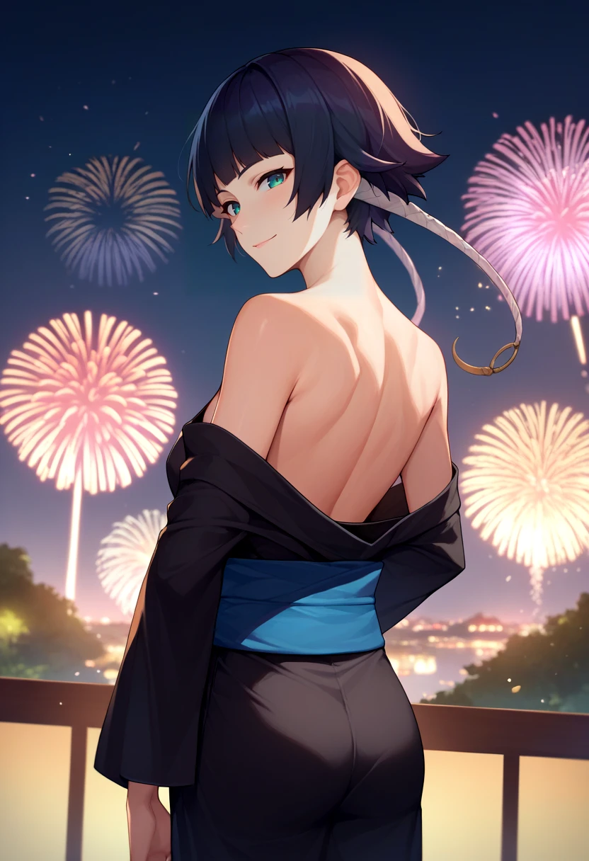 score_9, score_8_up, score_7_up, source_anime, from behind, solo, 1girl, soifon, slight smile, looking back, black kimono, blue sash, off shoulder, bare shoulders, fireworks <lora:bleach_soifon_ponyXL:1>