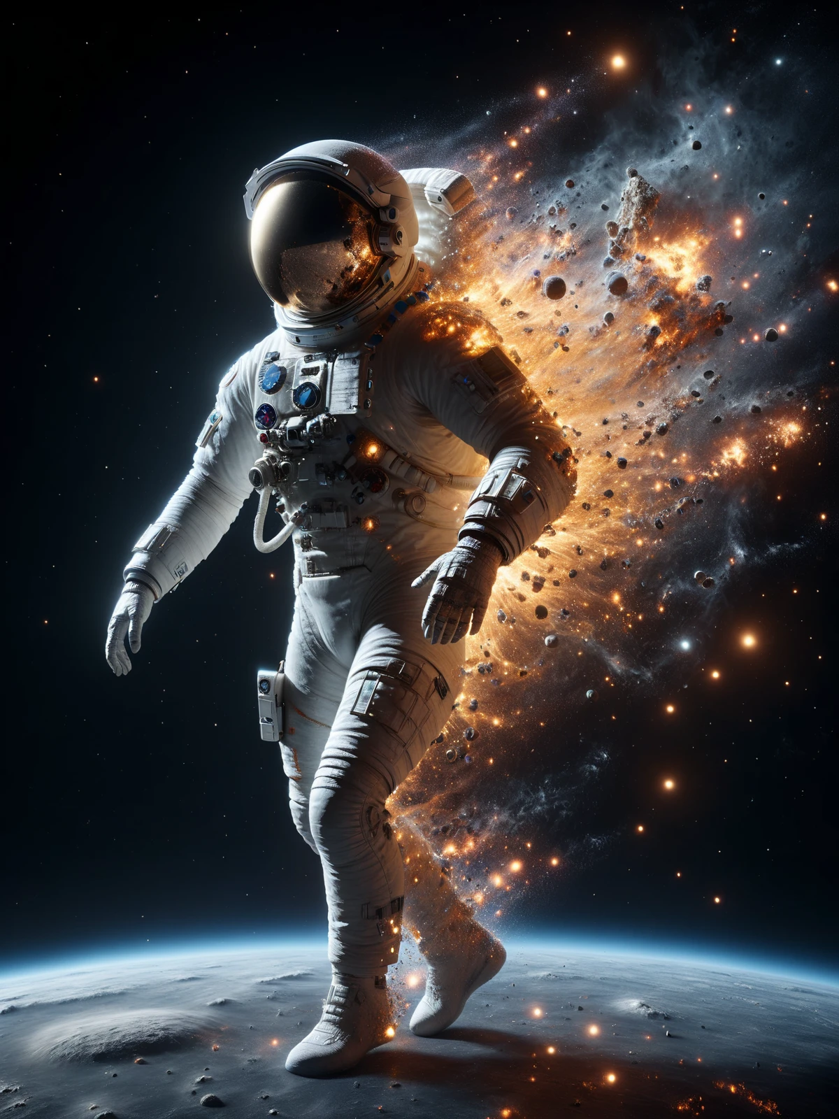 astronaut dissolving into mad-embr, space, dynamic pose  <lora:Embers_Style_SDXL:0.8>, (masterpiece:1.2), best quality, (hyperdetailed, highest detailed:1.2), high resolution textures