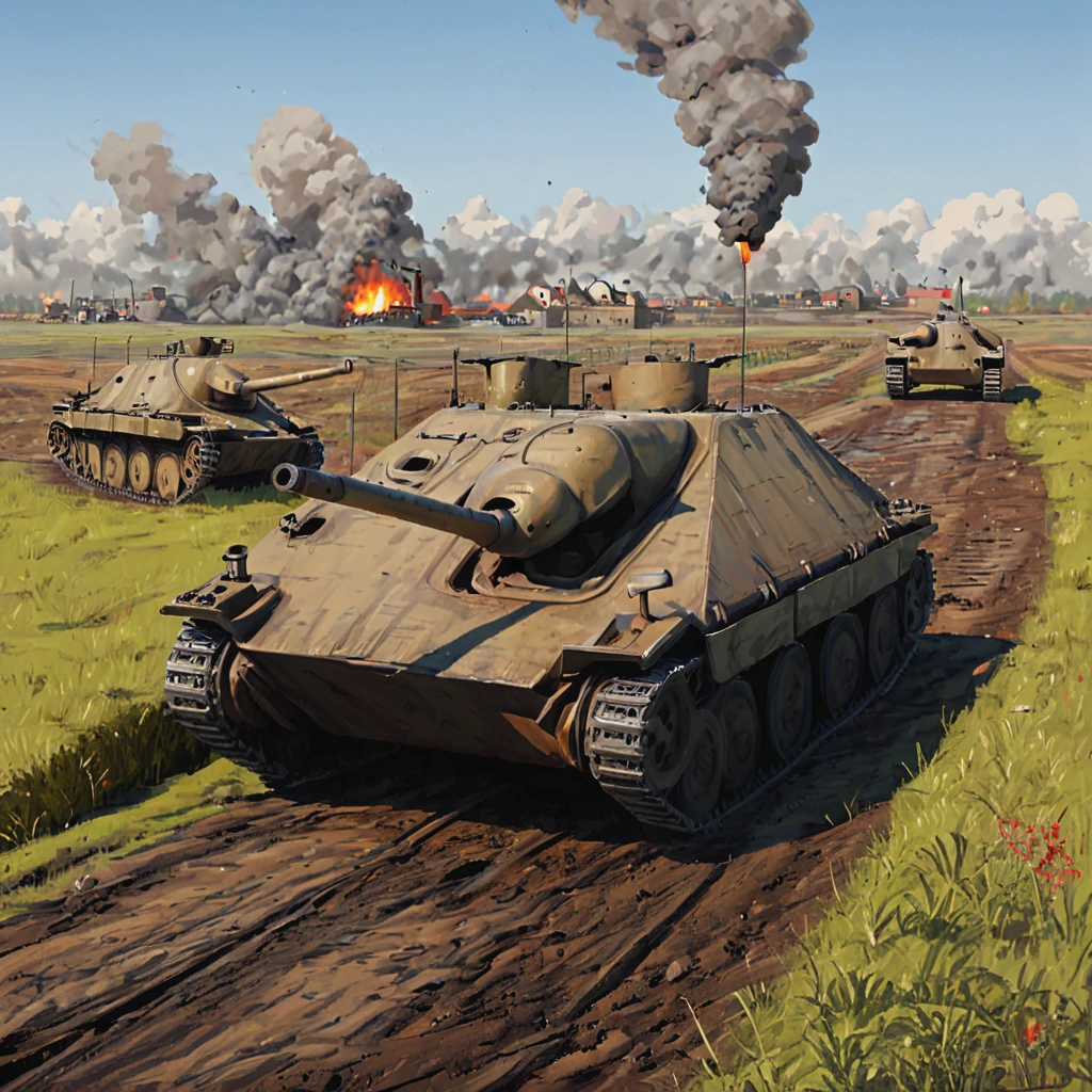 In the aftermath of a fierce battle on the Eastern Front, a damaged htztnk tank is towed to a field repair station, with Soviet tanks visible in the background. The scene highlights the intensity of tank warfare and the resilience of the crews who operated these compact but formidable tank destroyers ((pulp_comic, heavy_lines, hand_drawn, hand_inked, hand_colored, perfect_face, apxlz))