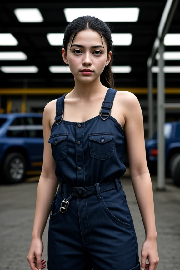 3. Young female mechanic (ethnicity: Hispanic, age: mid-20s) in a busy auto workshop (setting: industrial, cluttered). She's in a mechanic's jumpsuit (fabric: durable, oil-stained) with a tool belt. Her hair is tied back in a practical ponytail, with no makeup. She's working under a car (action: skilled, focused), her pose confident and capable.