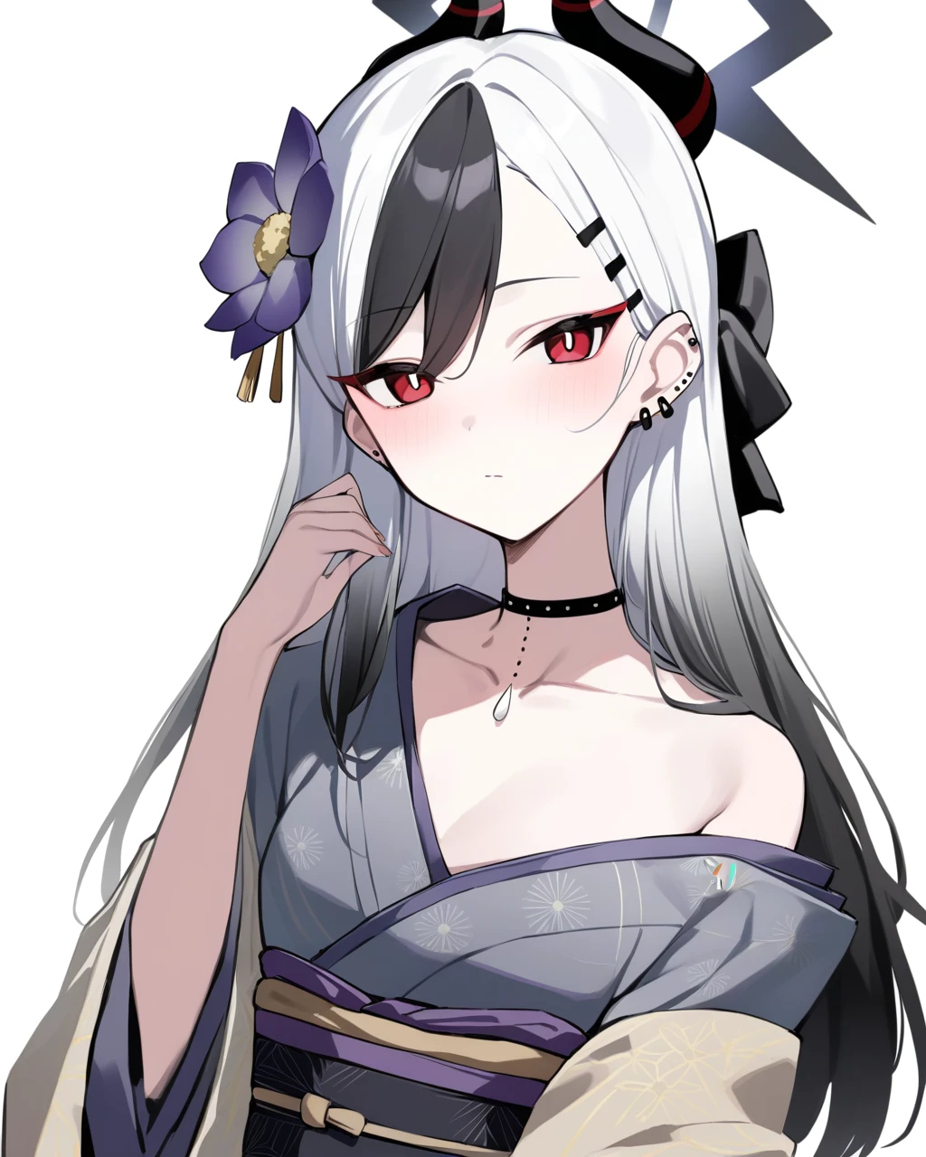 masterpiece,best quality,<lora:kayoko:1>,1girl, kayoko_\(blue_archive\), multicolored_hair, red_eyes, solo, kimono, horns, hair_ornament, japanese_clothes, sash, black_hair, halo, obi, looking_at_viewer, white_hair, white_background, bangs, choker, simple_background, two-tone_hair, hairclip, long_hair, black_kimono, ear_piercing, upper_body, official_alternate_costume, piercing, hair_flower, flower, closed_mouth, asymmetrical_bangs, gradient_hair, hair_down, earclip, black_choker