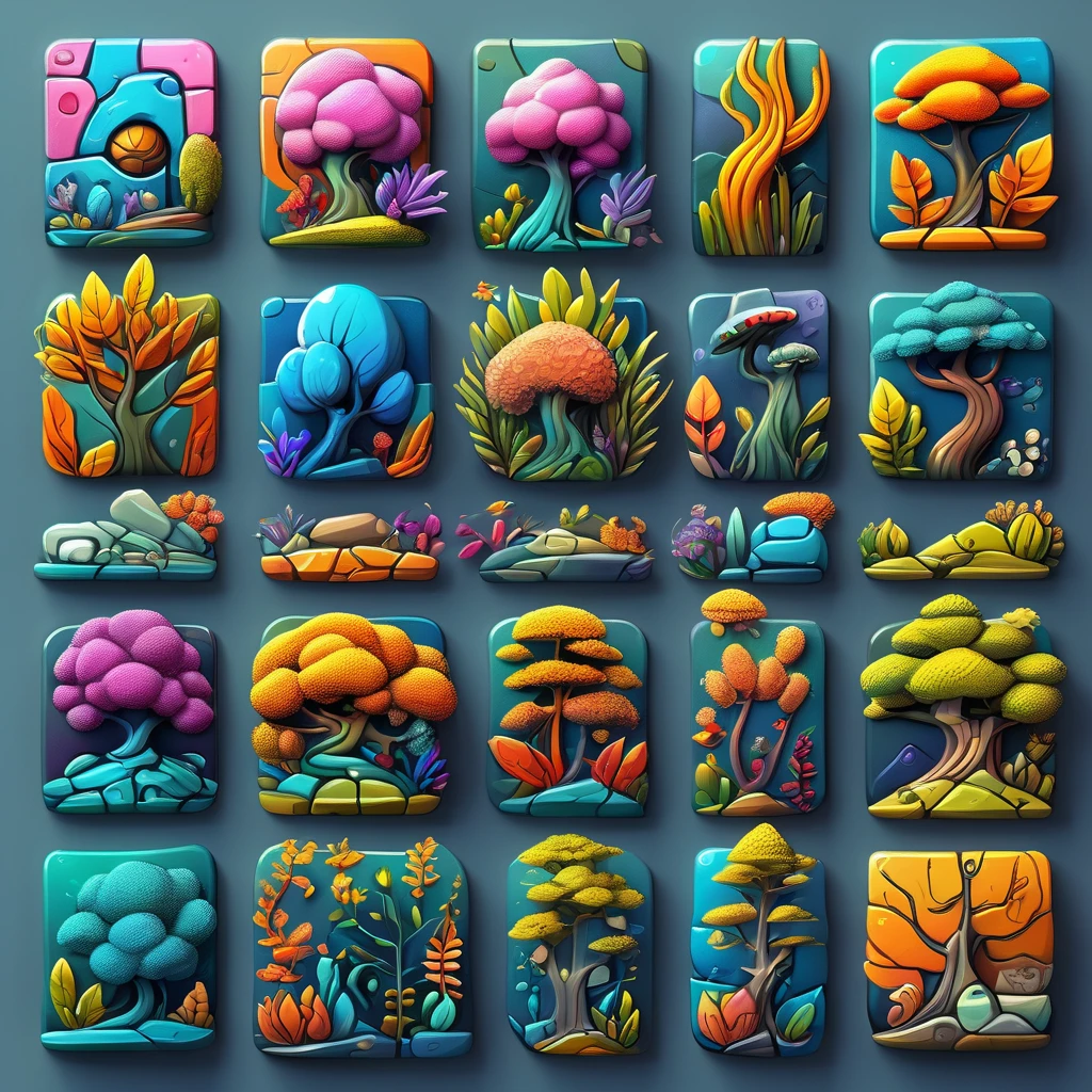 <lora:artfullyTILES_SDXL_V1:0.7>icon collection arranged in a grid of a set of different colored creatures in different shape designs,concept art,dark matter art,detailed botanical studies,detailed character illustrations,detailed miniatures,detailed painting,flower and nature motifs,fragmented icons,in the style of hyper-realistic still life,in the style of hyperrealistic illustrations,in the style of photorealistic compositions,in the style of surreal cyberpunk iconography,lightbox,moody color schemes,neogeo,shaped canvases,unusual cropping,urban-inspired murals,vibrant palette,voxel art,colorful mindscapes,colorful costumes,cryengine,in the style of colorful fantasy,in the style of colorful fantasy realism,in the style of fantastical and imaginative creatures,in the style of highly detailed foliage,inventive character designs,joyful celebration of nature,made of flowers,nature-inspired installations,organic chaos,whimsical weavings,twisted branches,thick texture,sketchfab,primitivist realism ,