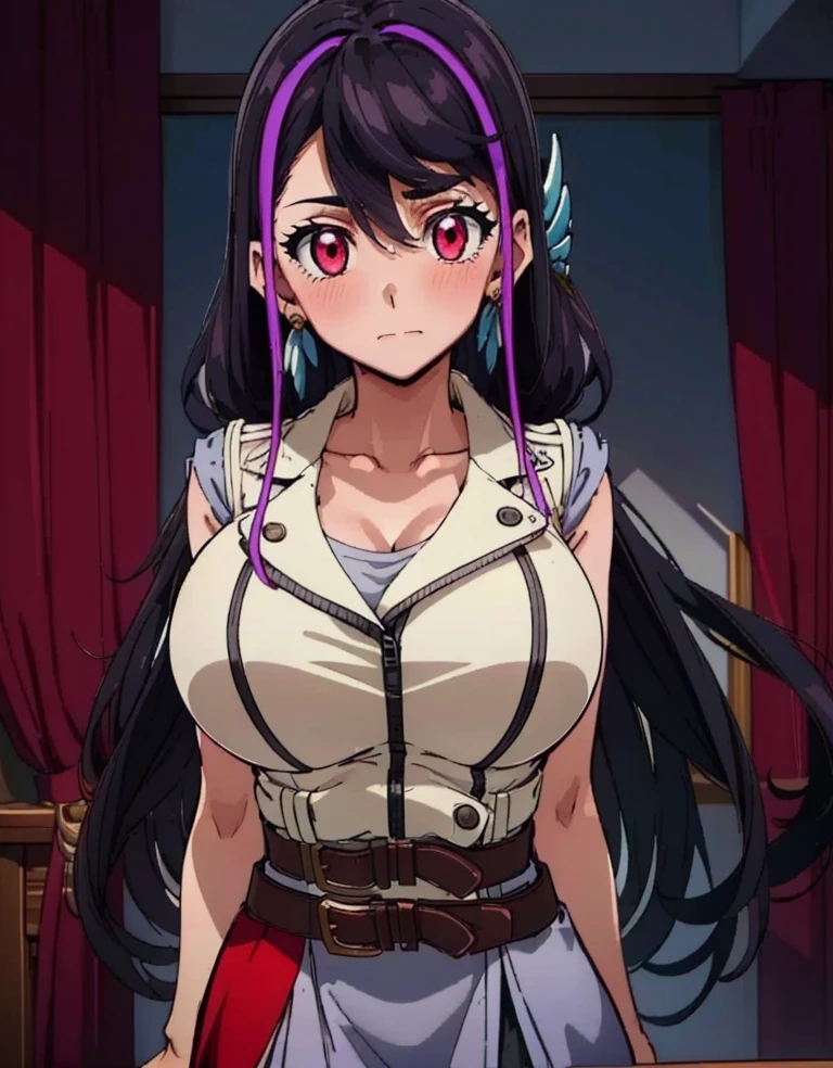 (((masterpiece, best quality, highres))), 1 girl, solo, good hands, looking at viewer, outside, blushing, arms to the side, portrait, standing, round breasts, large breasts, lulu obsidian, black hair with purple highlight, pink eye's, sleeveless vest, two leather belts, gray and red skirt, black pants