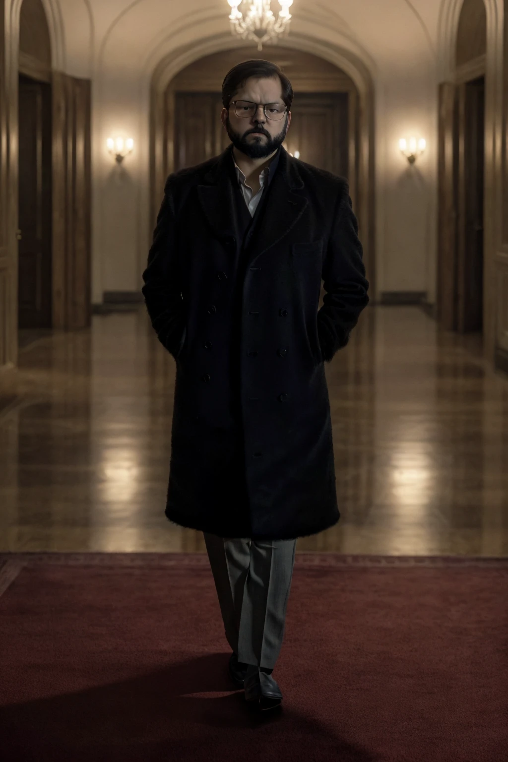 a cowboy shot of young man gabriel boric walking inside the government palace with combed hair and glasses wearing a white collared shirt a (black coat:1.2) and black pants,muscular, facial hair, beard, mustache,(black coat),(shot on Fujifilm Superia 400, 32k, professional color grading,natural light, film grain, atmosphere,realistic) <lora:boric_v1:1>