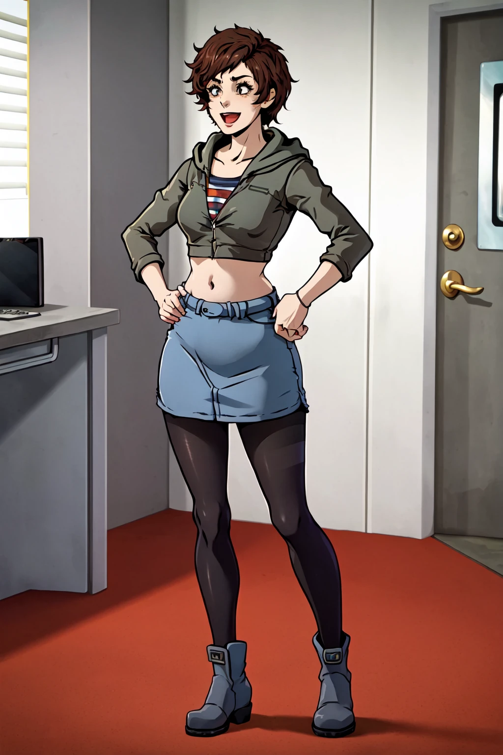 masterpiece,best quality,1girl,danamercer, <lora:DanaMercer:0.8>,hoodie,hood down,midriff,denim skirt,black pantyhose,striped shirt,boots,full body,standing,hands on hips,happy,:d,indoors,in dark office,concrete, <lora:LORA-XenoDetailer-v2:0.1>