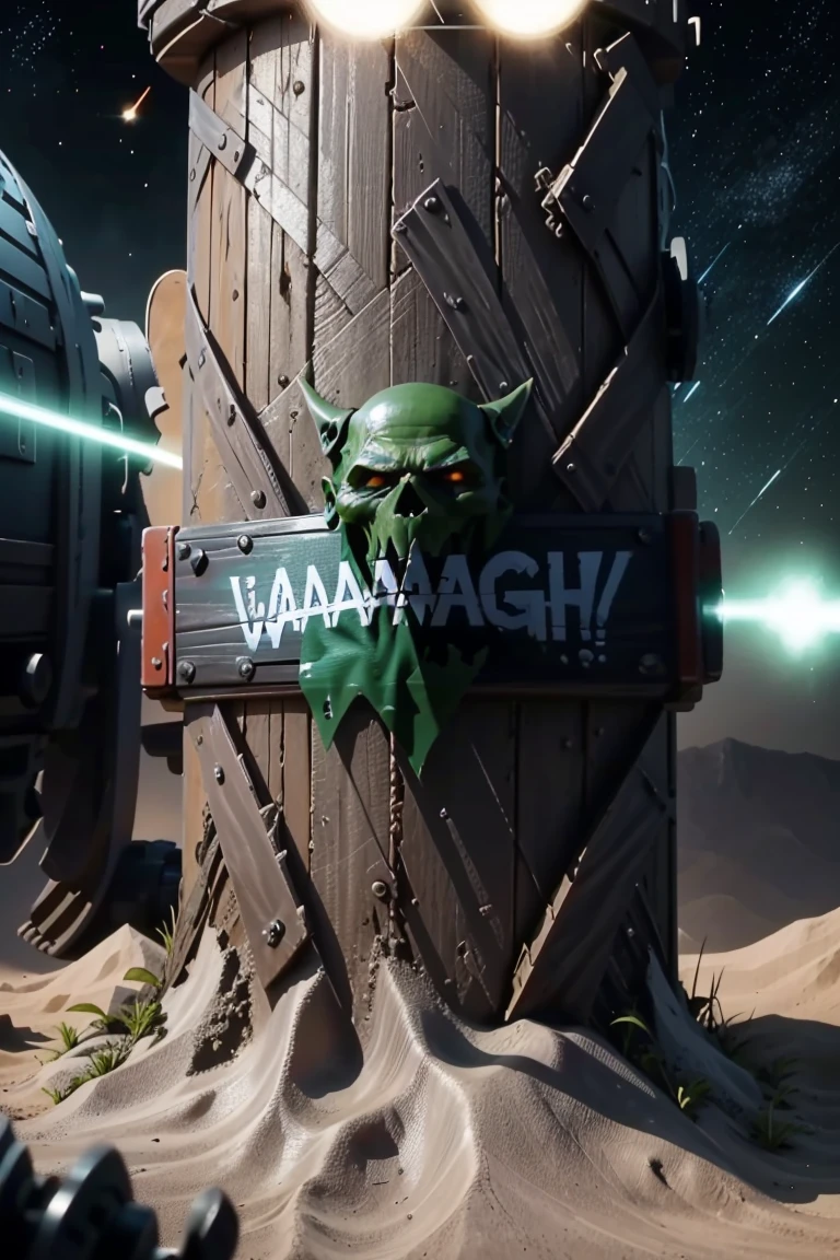 ((masterpiece,best quality)), <lora:Ork_World:1>, Ork World, (graffiti, waaagh, white text, english text:1.1), weapon, outdoors, sky, no humans,,1girl, (green skin, ork:1), loincloth, skulls, savage, smile, smug, solo, spacecraft, speed, motion_blur, fumes, exhaust, space, galaxy, dynamic_pose, ultra-detailed), (cinematic_lighting), (vibrant_colors)
