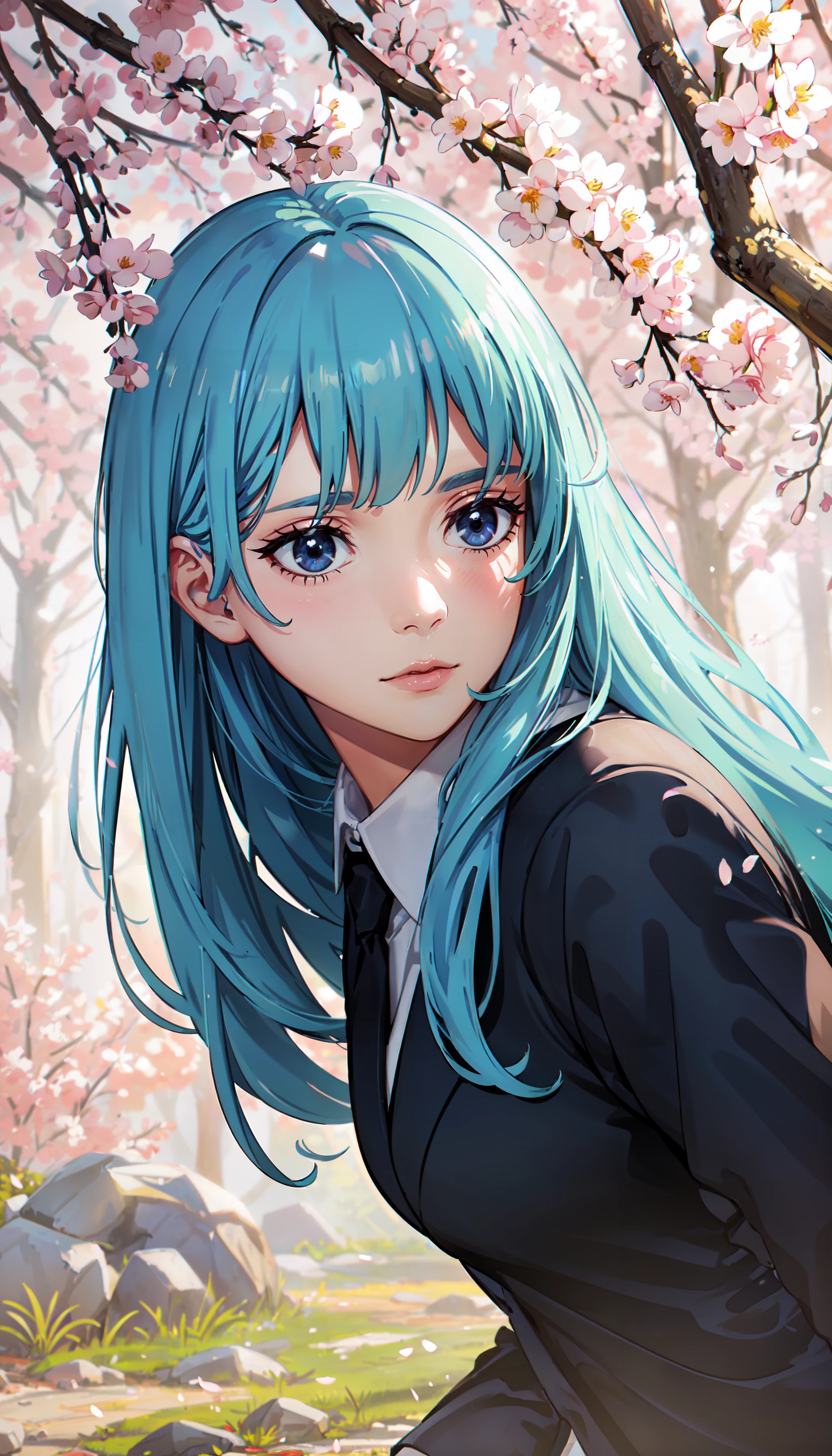 photorealistic, (4k), depth of field, (Masterpiece), (realistic skin texture), extremely detailed, intricate, hyper detailed, professional photography, bokeh, high resolution, sharp detail, best quality, girl, long hair, aqua hair, blunt bangs, blue eyes, suit and tie, <lora:GoodHands-beta2:0.4>, <lora:detail_slider_v4:0.8> , <lora:Kasumi Miwa-000004:0.7> , dynamic pose, (showing indifference), sunshine, spring \(season\), blossoming flowers, outdoors,