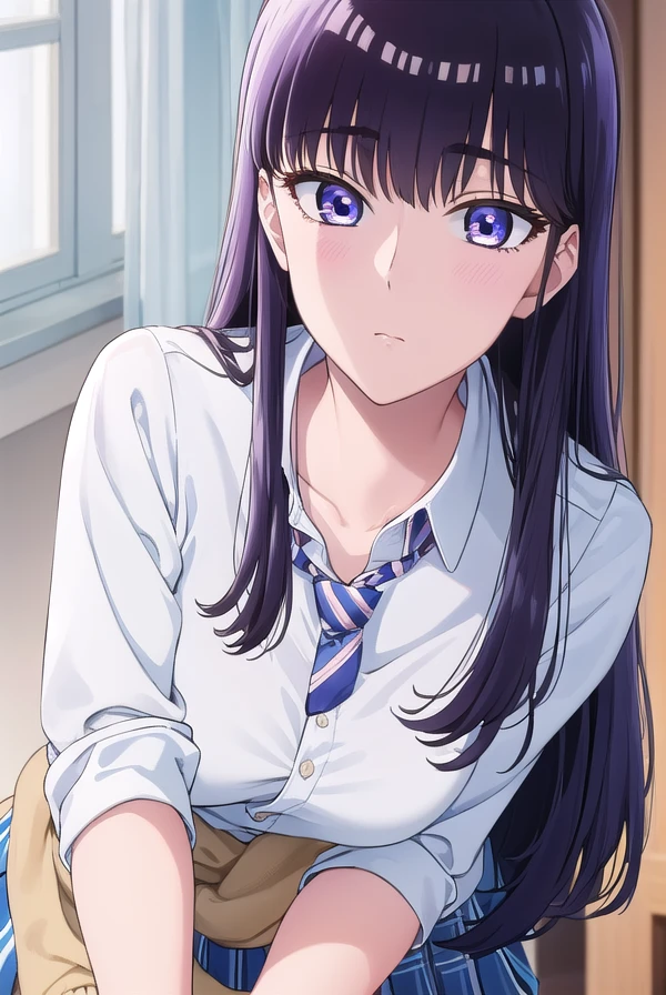 akiratachibana, <lora:akira tachibana s1-lora-nochekaiser:1>,
akira tachibana, long hair, black hair, (purple eyes:1.1),
BREAK skirt, shirt, school uniform, white shirt, pleated skirt, necktie, shoes, socks, striped, miniskirt, sweater, blue skirt, kneehighs, cardigan, black socks, loafers, sleeves rolled up, clothes around waist, striped necktie, jacket around waist, sweater around waist,
BREAK indoors, classroom,
BREAK looking at viewer, (cowboy shot:1.5),
BREAK <lyco:GoodHands-beta2:1>, (masterpiece:1.2), best quality, high resolution, unity 8k wallpaper, (illustration:0.8), (beautiful detailed eyes:1.6), extremely detailed face, perfect lighting, extremely detailed CG, (perfect hands, perfect anatomy),