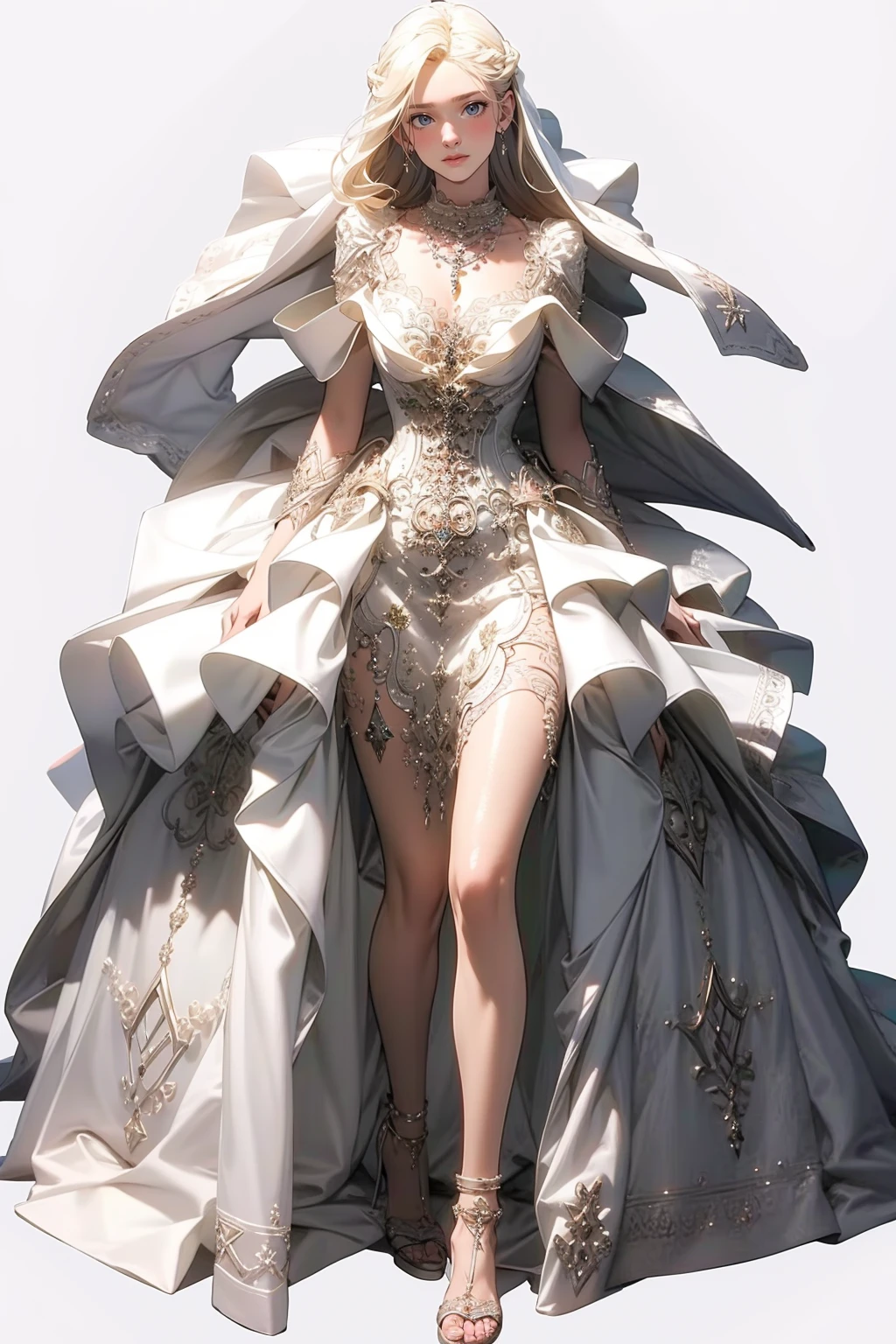 1girl,solo,medium breasts,outdoors,white background,<lora:GoodHands-beta2:1>,(full body:1.3),thigh gap,standing,<lora:0254 Palace style wedding dress_v1:0.9>,ruanyi0254,jewelry,necklace,white dress,wedding dress,blonde hair,very long hair,, best quality,masterpiece,highres,official art,extremely detailed cg unity 8k wallpaper
