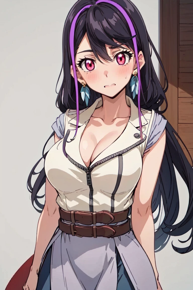 (((masterpiece, best quality, highres))), 1 girl, solo, good hands, looking at viewer, outside, blushing, arms to the side, portrait, standing, round breasts, large breasts, lulu obsidian, black hair with purple highlight, pink eye's, sleeveless vest, two leather belts, gray and red skirt, black pants