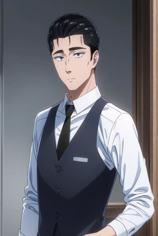 masamikondou, <lora:masami kondou s1-lora-nochekaiser:1>,
masami kondou, short hair, black hair, male focus, (black eyes:1.5), mature male,
BREAK shirt, long sleeves, white shirt, necktie, collared shirt, pants, vest, black pants, black necktie, black vest,
BREAK indoors, restaurant,
BREAK looking at viewer, (cowboy shot:1.5),
BREAK <lyco:GoodHands-beta2:1>, (masterpiece:1.2), best quality, high resolution, unity 8k wallpaper, (illustration:0.8), (beautiful detailed eyes:1.6), extremely detailed face, perfect lighting, extremely detailed CG, (perfect hands, perfect anatomy),