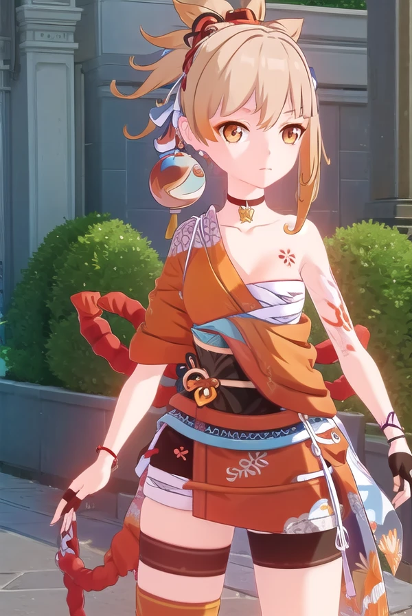 yoimiya, <lora:genshin yoimiya ingame-lora-nochekaiser:1>,
yoimiya, bangs, blonde hair, hair ornament, hair between eyes, ponytail, sidelocks, (orange eyes:1.3), light brown hair, smile,
BREAK thighhighs, gloves, jewelry, japanese clothes, choker, fingerless gloves, kimono, bracelet, sash, tattoo, bandages, obi, rope, asymmetrical legwear, pouch, sarashi, bandaged arm, red choker, arm tattoo, shimenawa, bandaged leg, chest tattoo, hadanugi dousa, orange kimono, single fingerless glove,
BREAK outdoors,
BREAK looking at viewer, (cowboy shot:1.5),
BREAK <lyco:GoodHands-beta2:1>, (masterpiece:1.2), best quality, high resolution, unity 8k wallpaper, (illustration:0.8), (beautiful detailed eyes:1.6), extremely detailed face, perfect lighting, extremely detailed CG, (perfect hands, perfect anatomy),