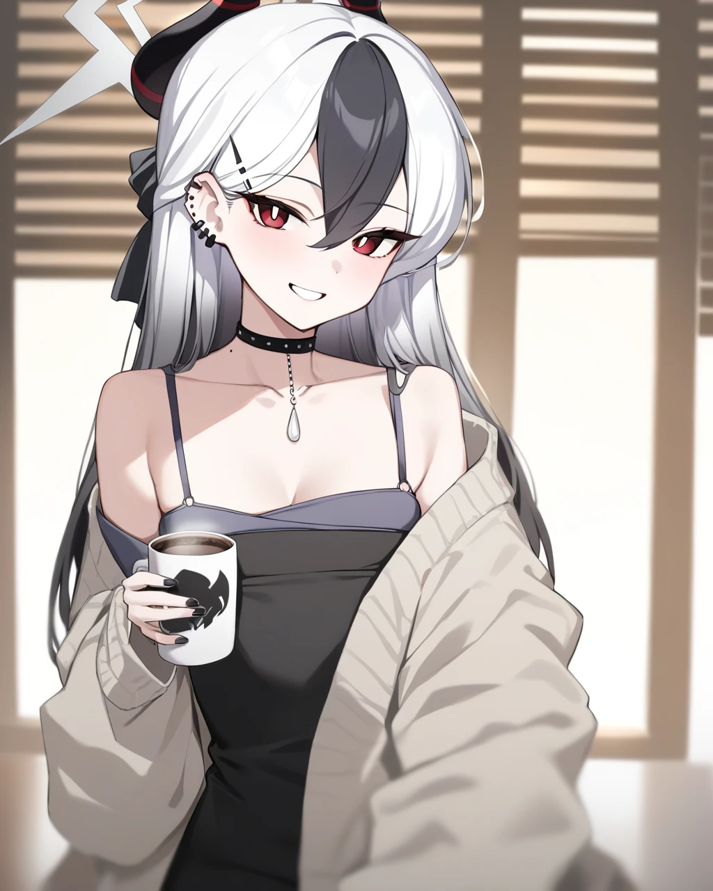 masterpiece,best quality,<lora:kayoko:1>,1girl, kayoko_\(blue_archive\), blinds, cup, solo, multicolored_hair, red_eyes, black_hair, choker, holding, holding_cup, looking_at_viewer, two-tone_hair, white_hair, coffee, piercing, horns, ear_piercing, breasts, long_hair, coffee_mug, smile, bangs, earclip, small_breasts, mug, open_clothes, collarbone, black_choker, shirt, off_shoulder, halo, white_shirt, grin