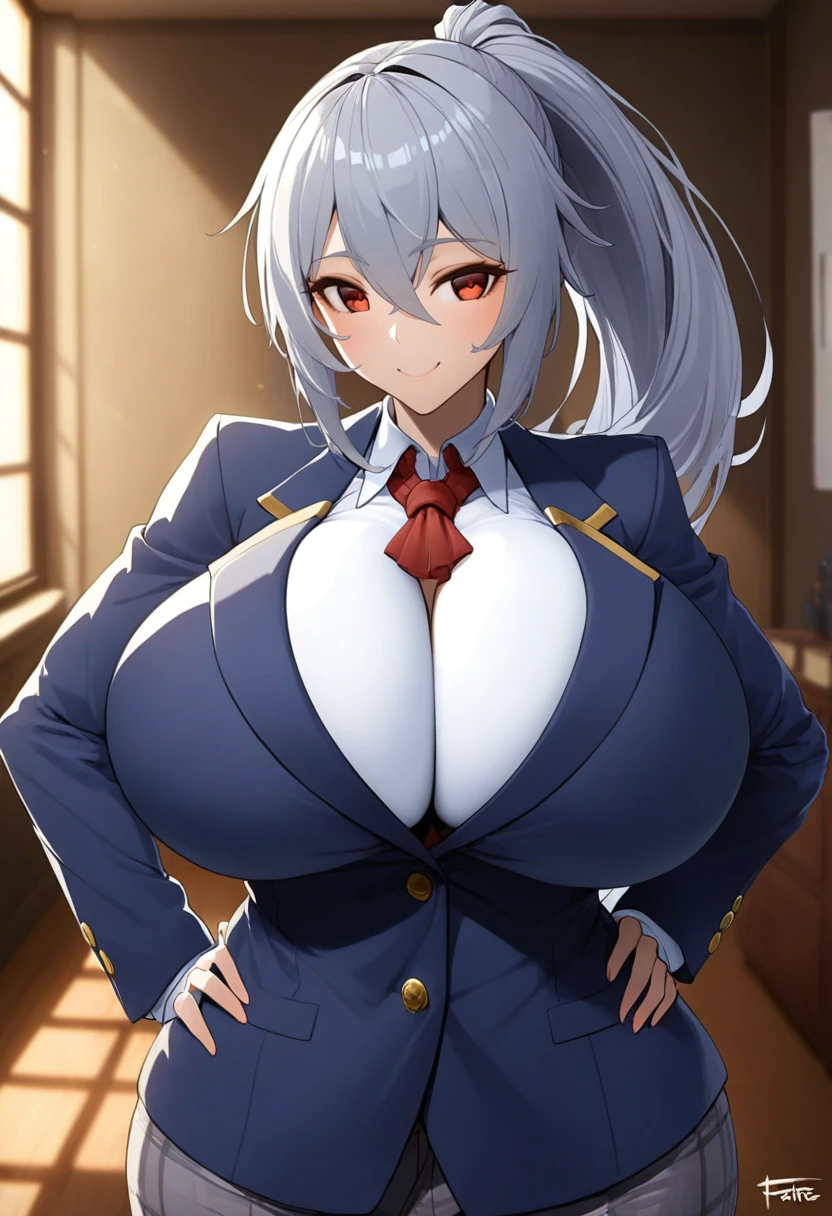 masterpiece, best quality, 1girl,red eyes,smile, room, ponytail,grey hair, portrait, best quality,hand on hip, blazer, gigantic breasts, by xfate <lora:xFate-Style-AniXL:1>