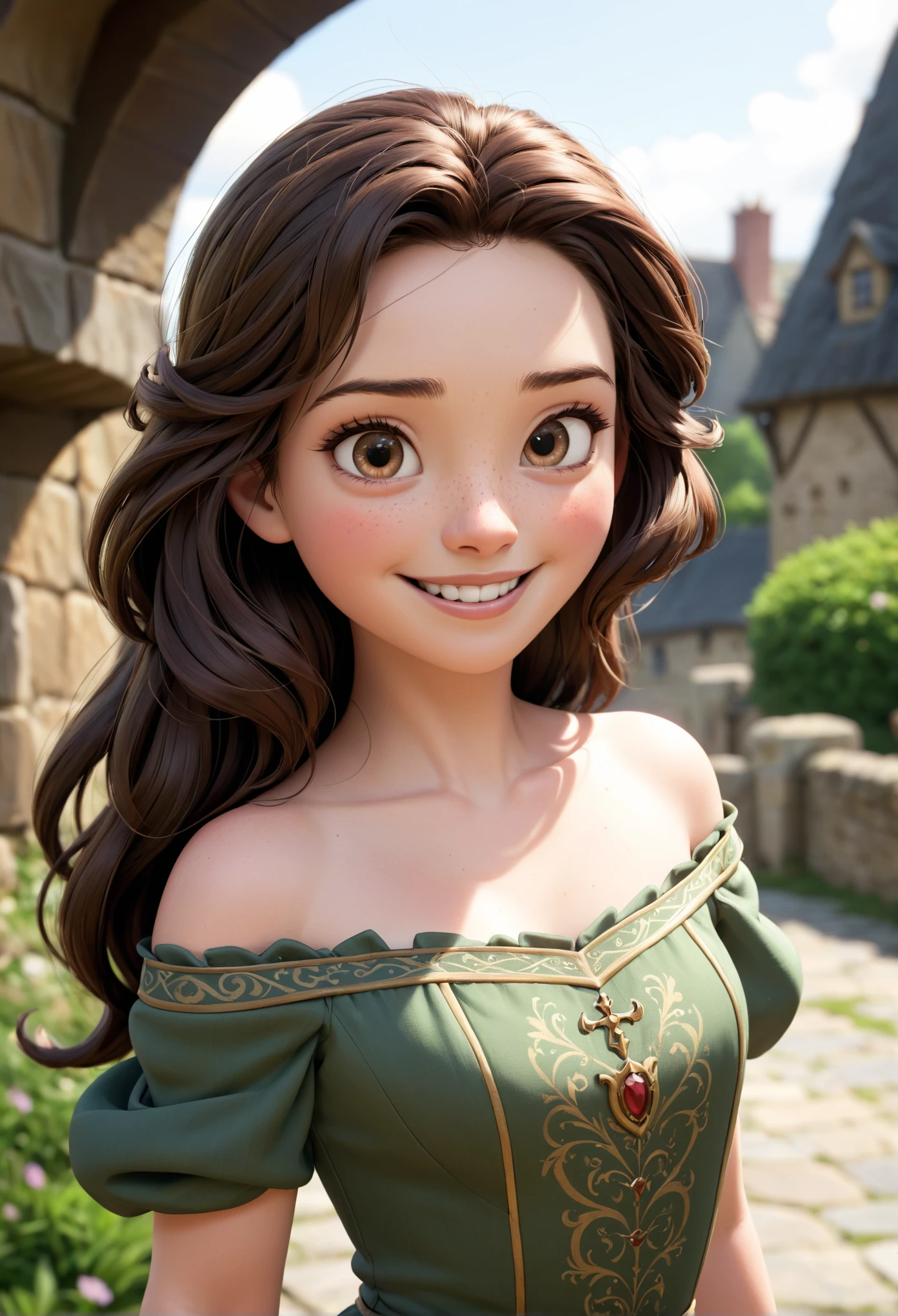 modisn disney, cartoon style, medieval fantasy, 26yo mature woman, adorable face, british, brunette, off shoulder dress, small smile, close up, detailed natural skin