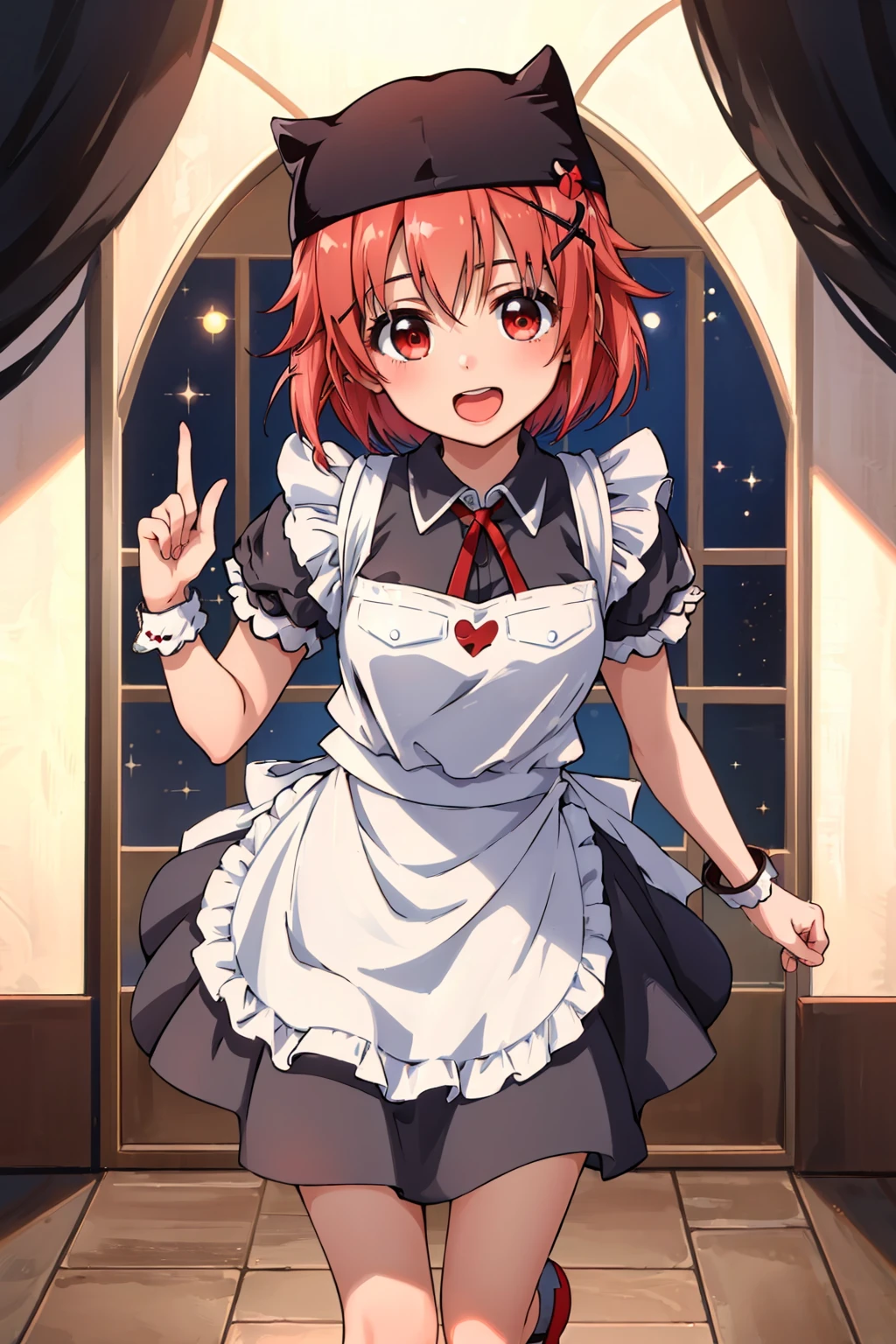 (masterpiece, best quality:1.2), solo, 1girl, yuki_takeya, smile, open mouth, looking at viewer, black hat, bangs, red eyes, short hair, (maid costume:1.3), <lora:takeyayuki2:1>
