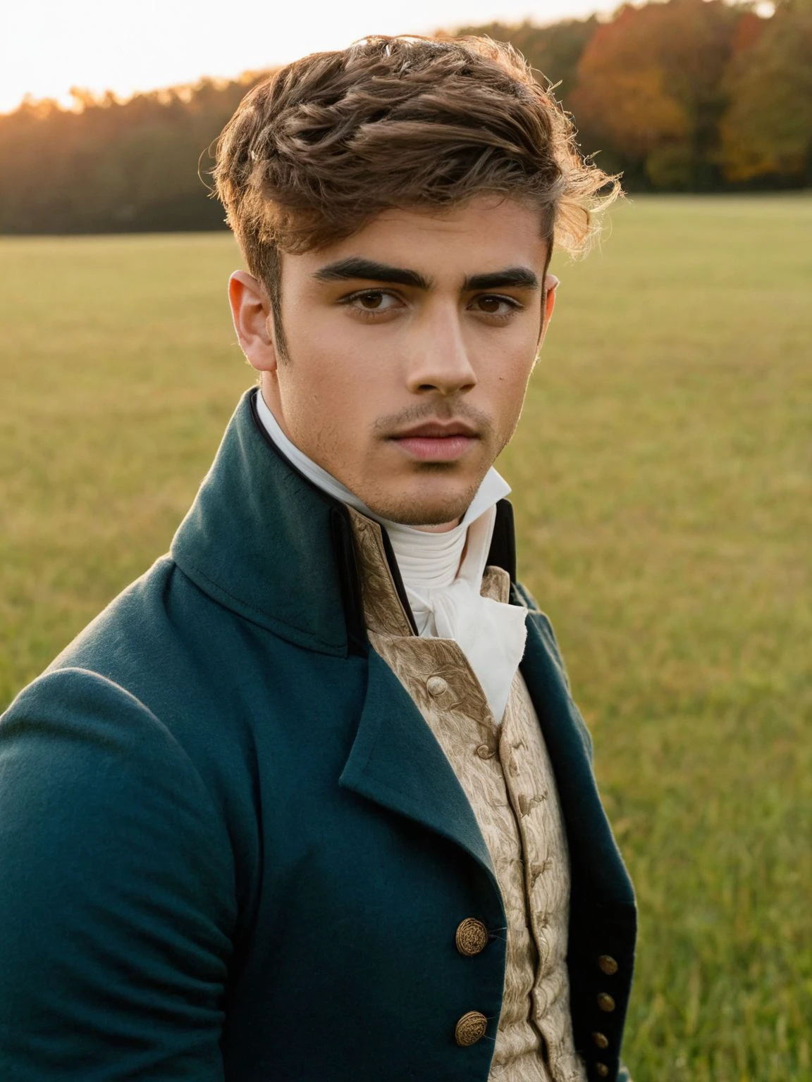 Photo taken at dusk, Portrait photoshoot, close up, handsome 25 year old man, regency period outfit, grassy meadow in the fall, [Zayn Malik|Dacre Montgomery]  <lora:Regency_Period:0.5>, (pores sweat skin texture:0.5)