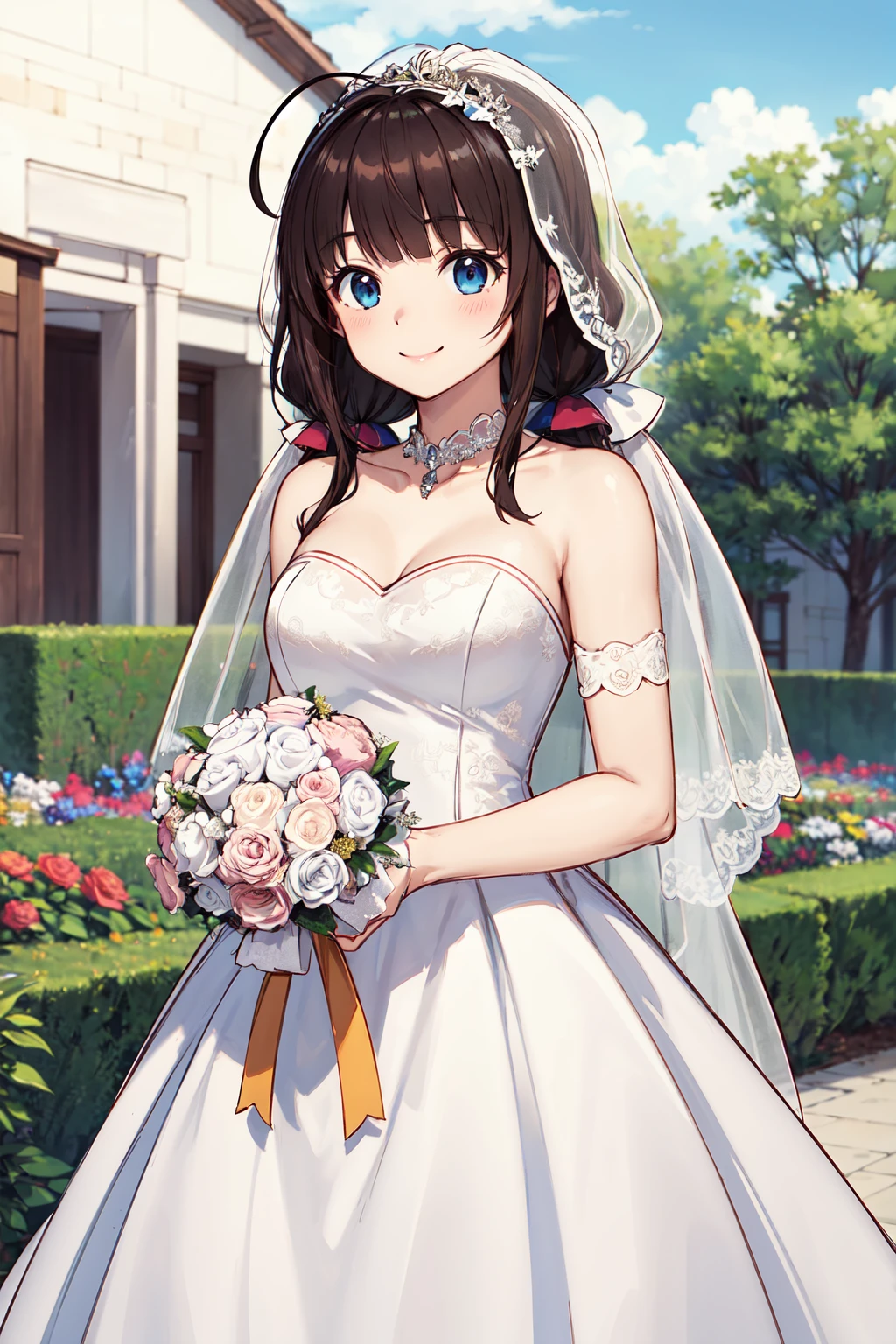 masterpiece,best quality,highres,ultra-detailed,musubi,ahoge,long hair,low ponytail,hair ribbon,large breasts,<lora:musubi:0.8>,(wedding dress:1.2),white dress,(veil:1.2),garden,smile,outdoors,standing,cowboy shot,holding bouquet,hair bun,