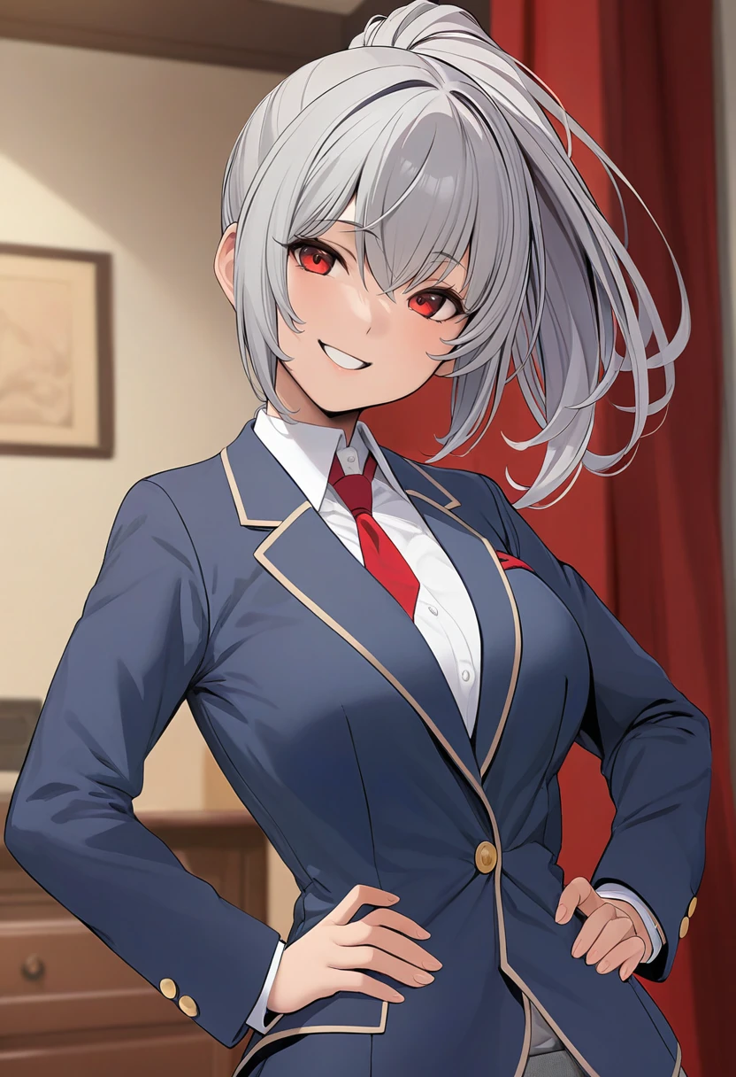 masterpiece, best quality, 1girl,red eyes,smile, room, ponytail,grey hair, portrait, best quality,hand on hip, blazer, by marushin <lora:Marushin-Style-AniXL-grad1:1>