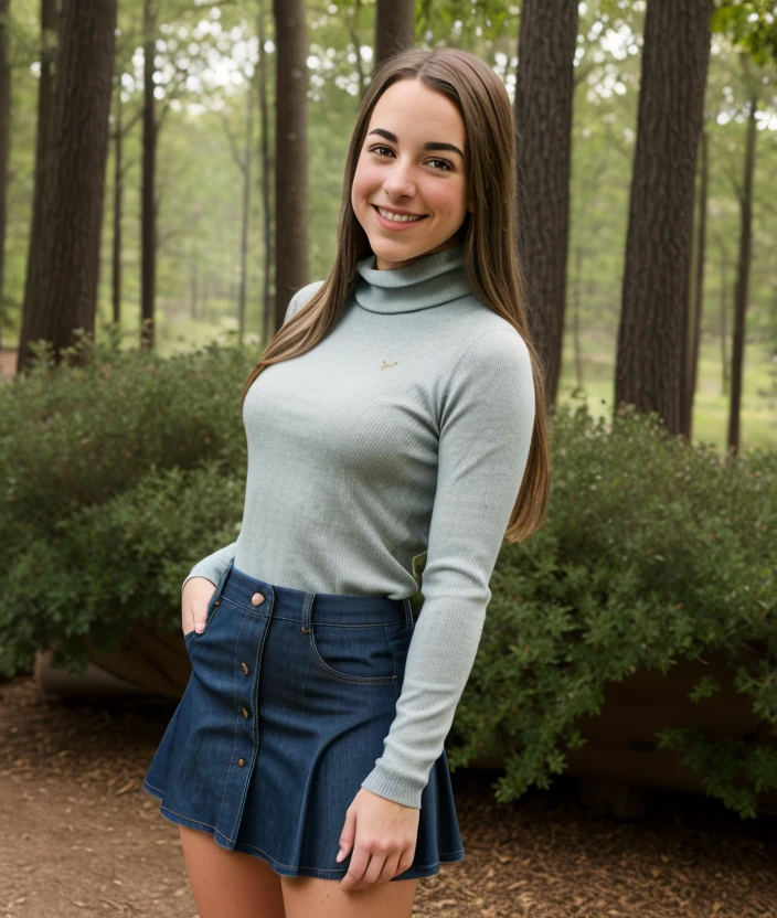 <j3r1l1>, ((nature background)), Ultra-HD-details, nature, upper body, smile, jeans, Turtleneck, intricate, skirt