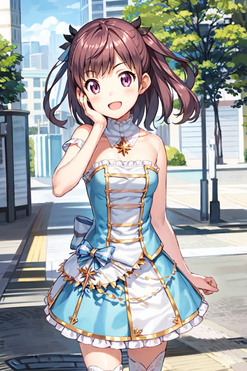 1girl, solo, smile, looking at viewer, open mouth, hand on own face, blush, dokidol akiha, hair ribbon, hair ornament