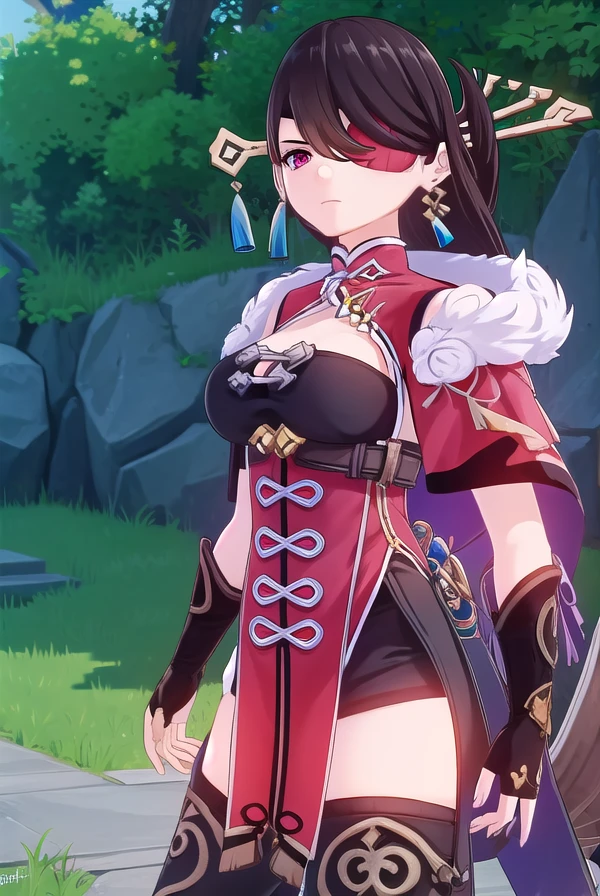 beidou, <lora:genshin beidou ingame-lora-nochekaiser:1>,
beidou, long hair, bangs, brown hair, black hair, hair ornament, (red eyes:1.3), (hair over one eye:1.5), (eyepatch:1.5), hairpin, (one eye covered:1.5), smile, grin,
BREAK thighhighs, gloves, cleavage, jewelry, earrings, black gloves, fingerless gloves, fur trim, chinese clothes, vision \(genshin impact\),
BREAK outdoors,
BREAK looking at viewer, (cowboy shot:1.5),
BREAK <lyco:GoodHands-beta2:1>, (masterpiece:1.2), best quality, high resolution, unity 8k wallpaper, (illustration:0.8), (beautiful detailed eyes:1.6), extremely detailed face, perfect lighting, extremely detailed CG, (perfect hands, perfect anatomy),