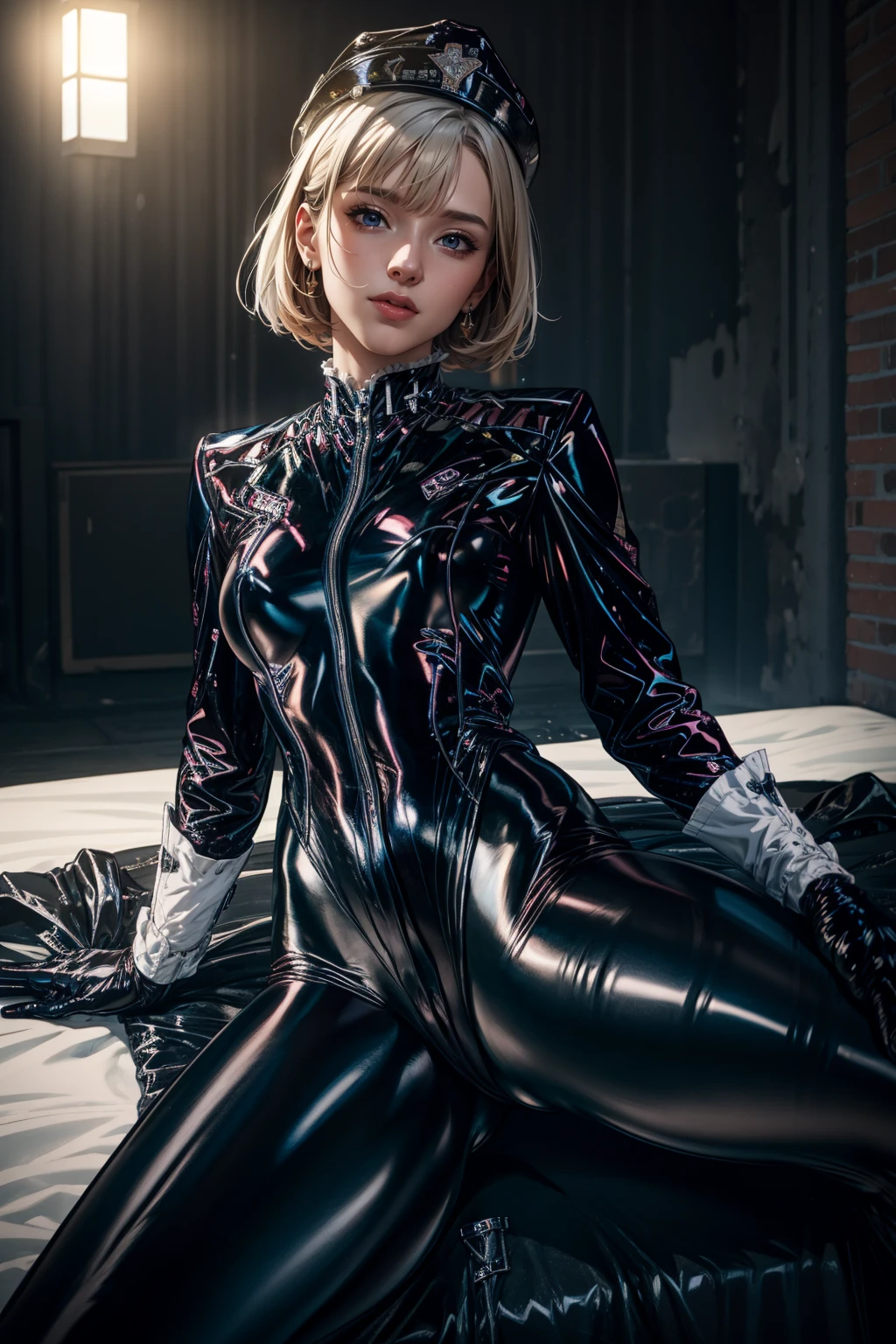 1girl,solo,<lora:GoodHands-beta2:1>,<lora:0071 imperial communications officer_v1:0.9>,bodysuit,ruanyi0071,hat,leather,(cowboy shot:1.2),spread legs,, best quality,masterpiece,highres,official art,extremely detailed cg unity 8k wallpaper