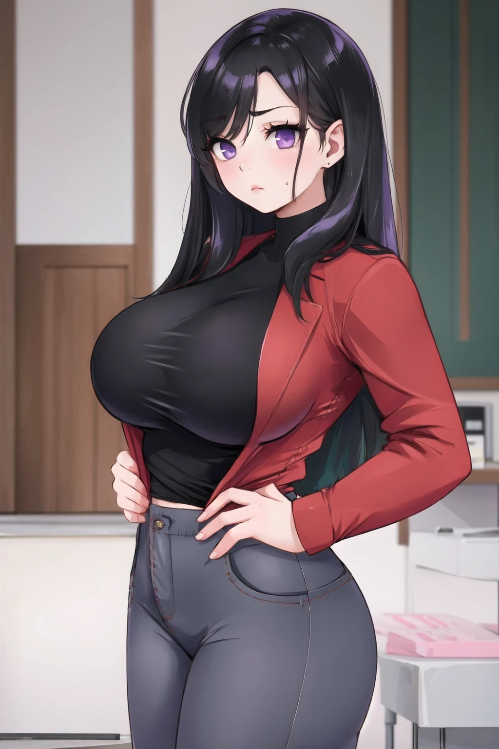 <lora:pnclpnts-10:0.6>, pencil pants, indoors, large breasts, frown, lips, huge breasts, from side, hand on hip, black hair, purple eyes, <lora:asial-09:0.6>