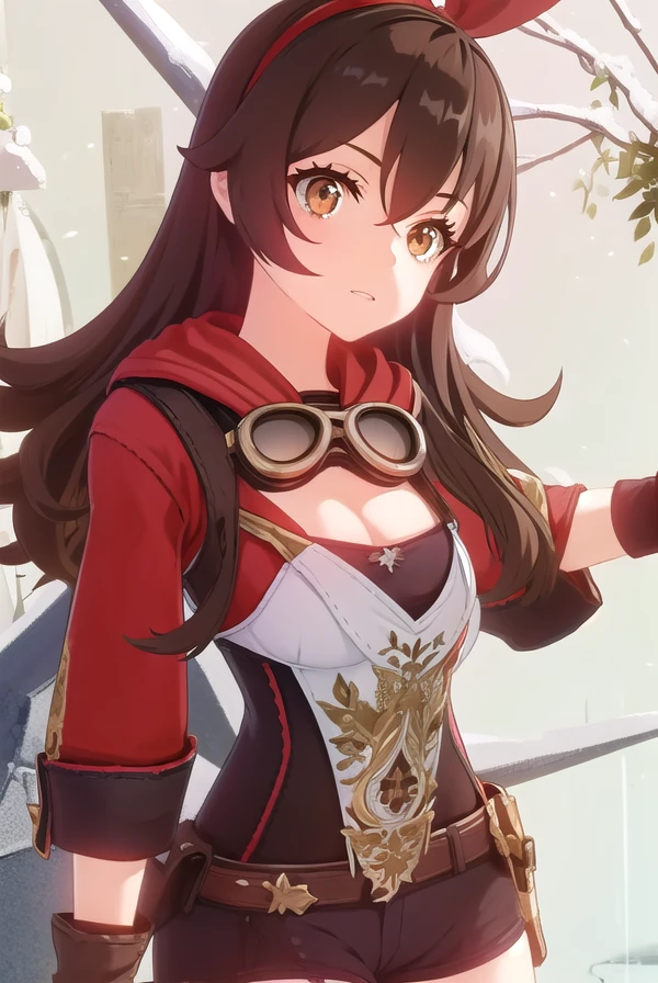 genshinamber, <lora:genshin amber ingame-lora-nochekaiser:1>,
amber, long hair, bangs, brown hair, ribbon, hair between eyes, (brown eyes:1.5), hair ribbon, sidelocks, hairband, smile, grin,
BREAK thighhighs, gloves, long sleeves, cleavage, shorts, white gloves, goggles, goggles around neck,
BREAK outdoors,
BREAK looking at viewer, (cowboy shot:1.5),
BREAK <lyco:GoodHands-beta2:1>, (masterpiece:1.2), best quality, high resolution, unity 8k wallpaper, (illustration:0.8), (beautiful detailed eyes:1.6), extremely detailed face, perfect lighting, extremely detailed CG, (perfect hands, perfect anatomy),