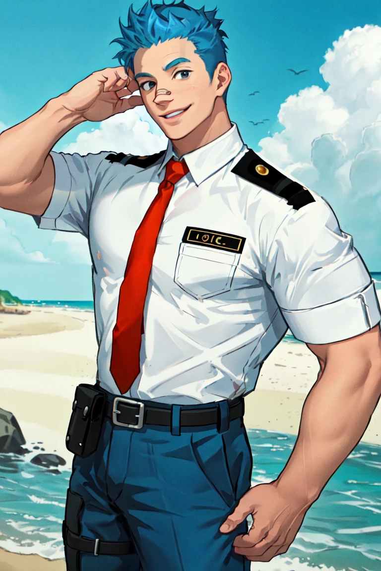 (1 image only),  solo male,  Orville,  Animal Crossing,  personification,  blue hair,  short hair,  black eyes,  aviation pilot uniform,  white collor shirt,  red necktie,  epaulette,  blue pants,  socks,  black footwear,  (bandaid on nose),  mature,  bara,  handsome,  charming,  alluring,  smile,  standing,  upper body,  perfect anatomy,  perfect proportions,  (best quality,  masterpiece),  (perfect eyes,  perfect eye pupil),  perfect hands,  high_resolution,  dutch angle,  cowboy shot,  seaside,  summer,<lora:EMS-298324-EMS:0.700000>